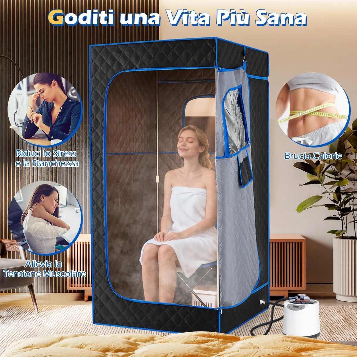 COSTWAY Cabina Sauna a Vapore 3L 1200W Riscaldamento Rapido 15 Livelli Temperatura Timer 99 Minuti Sedia Pieghevole Tappetino Blu