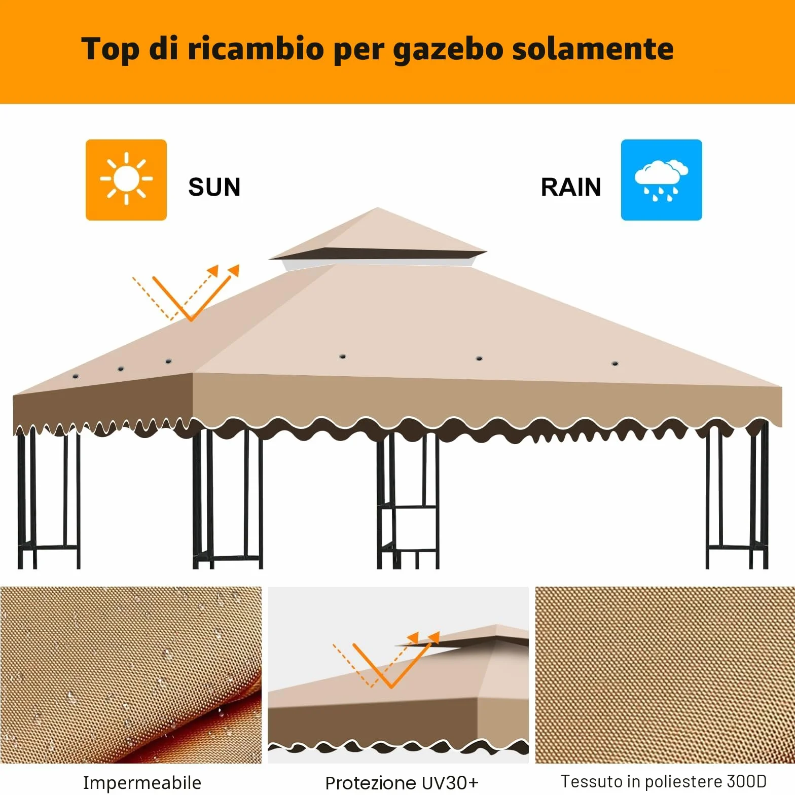 Telo Gazebo 3x3 m Impermeabile Doppio Strato Copertura Rimovibile Giardino