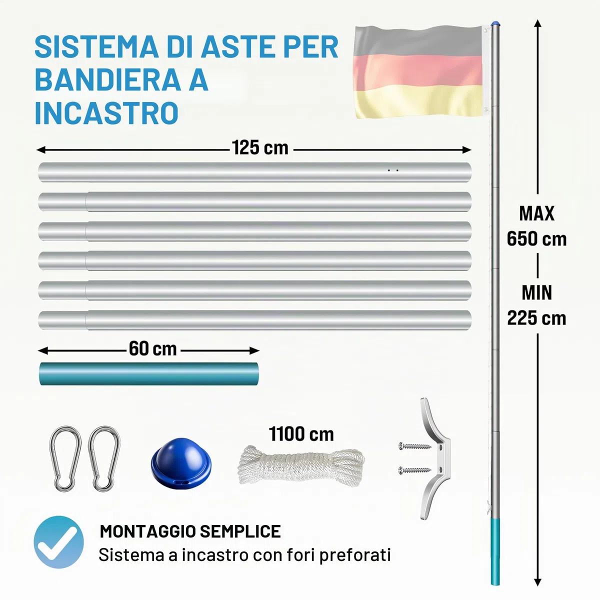 MONZANA Set Montaggio Bandiera Asta Alluminio 6,5 m con Fune Moschettone Gancio Regolabile
