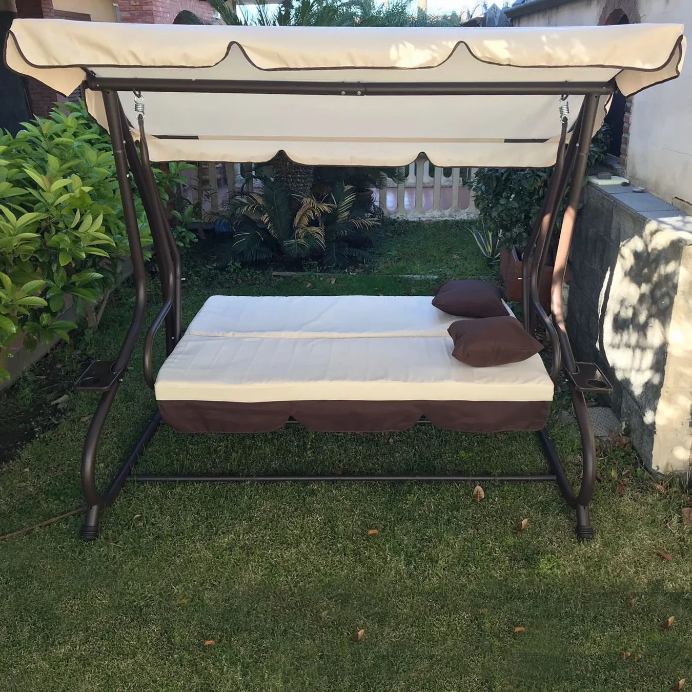 FP-TECH DONDOLO DA GIARDINO 3 POSTI CON TETTO PARASOLE DIVANO LETTO ALTALENA INCLINABILE, TESSUTO, METALLO