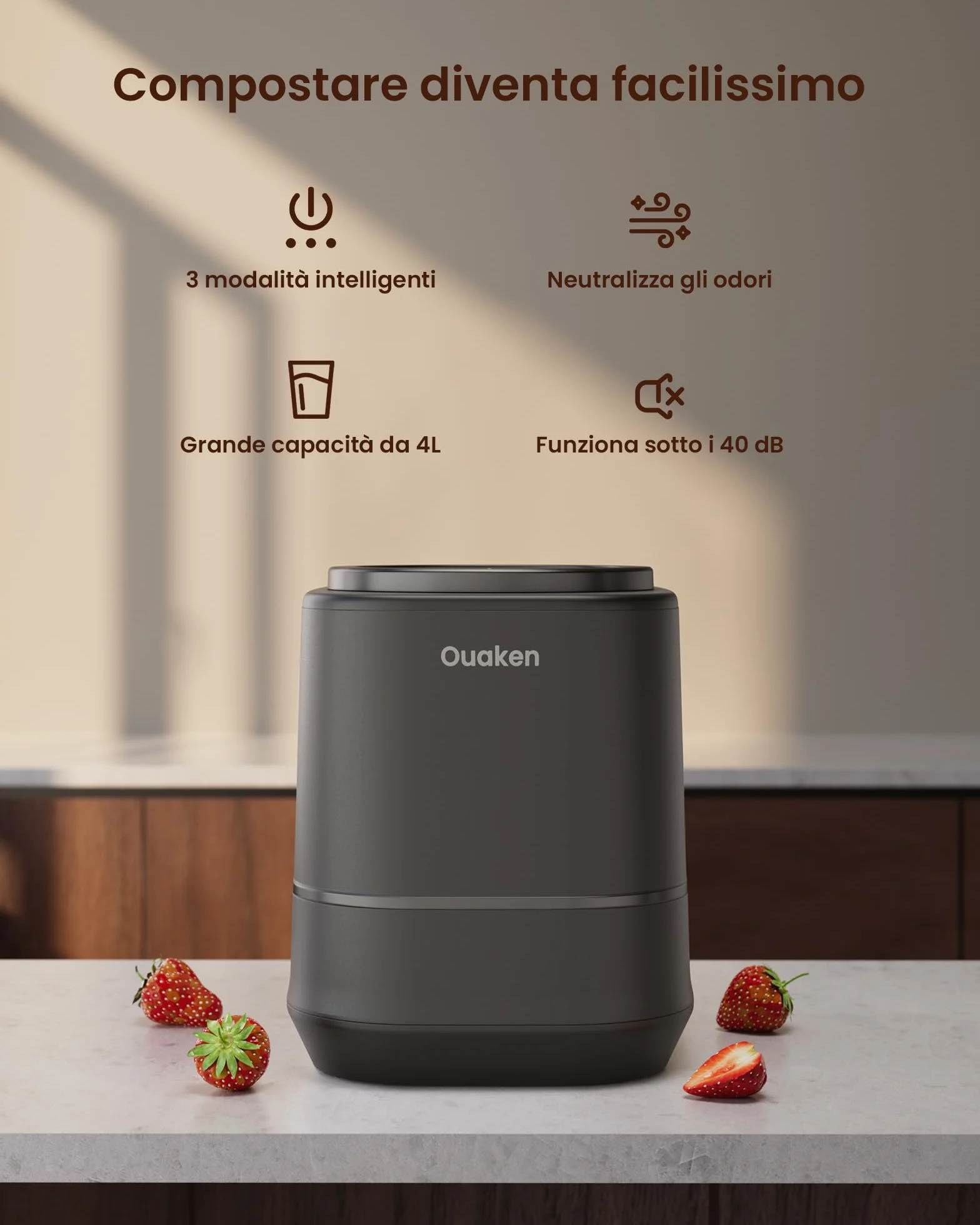 Composter Elettrico da Cucina 4L, Intelligente, Silenzioso, Autopulente, Trasforma Rifiuti in Fertilizzante, Nero