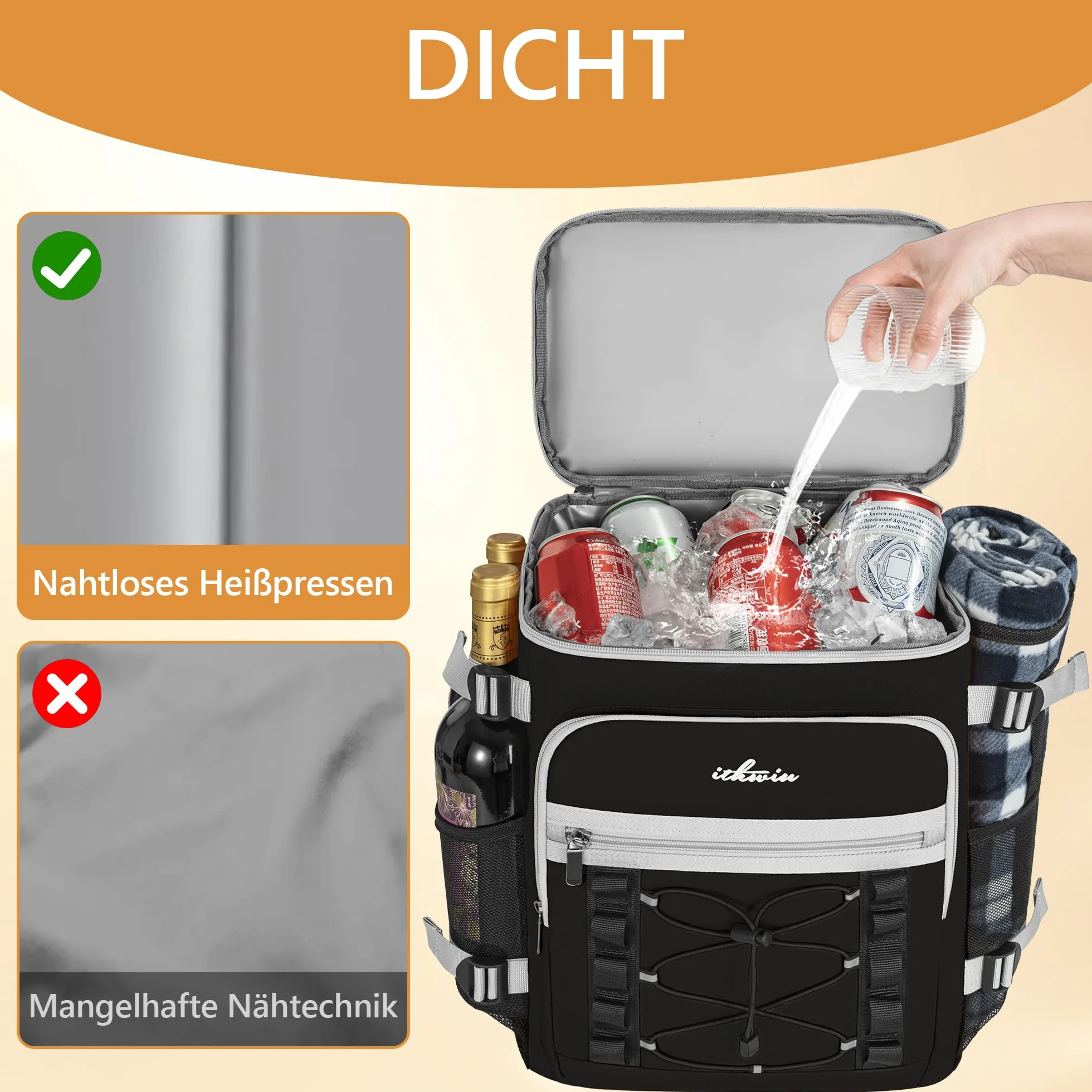 OUUTMEE Zaino refrigerante impermeabile a doppio strato per picnic, spiaggia, escursioni, nero