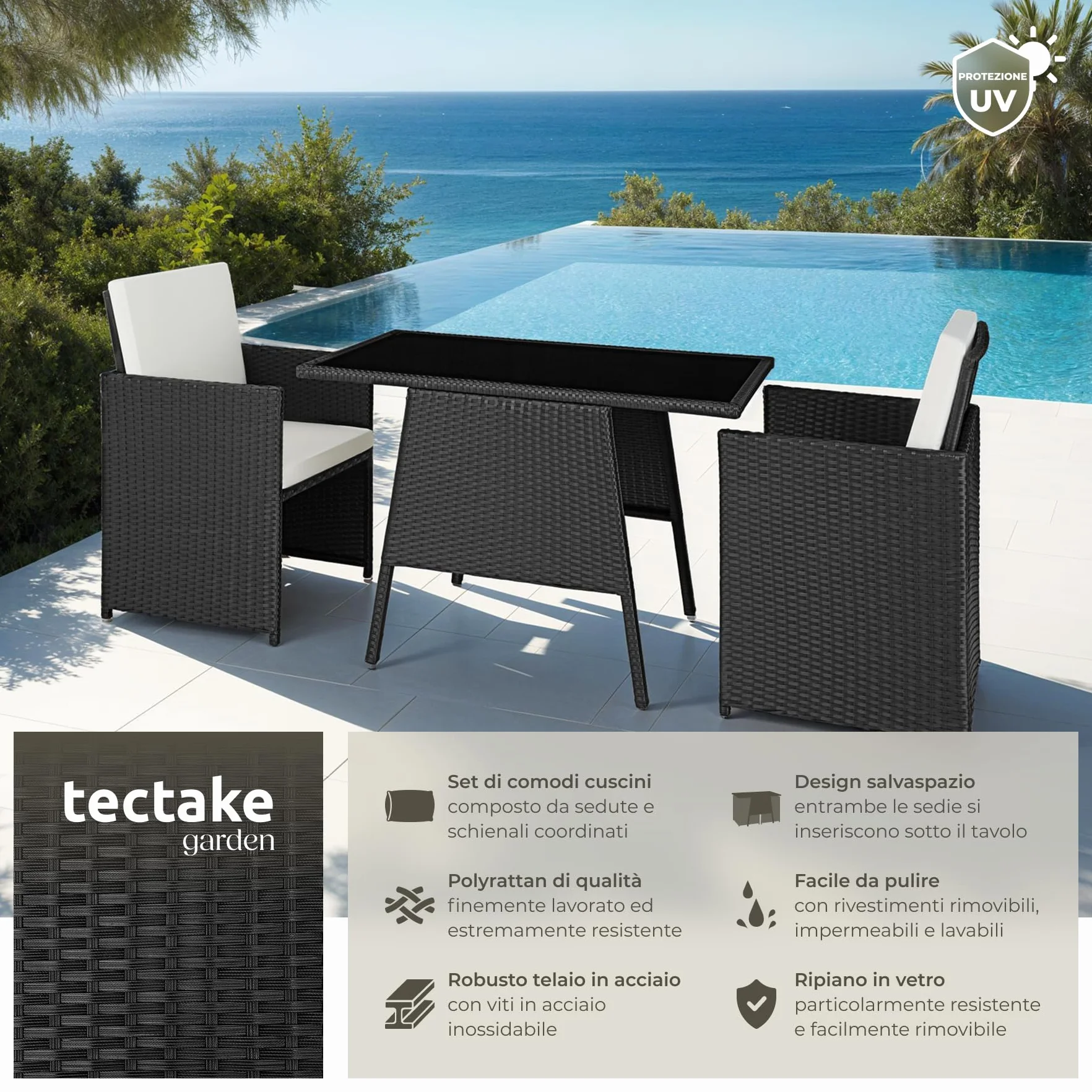 tectake Salottino Rattan Losanna Set da Giardino 2 Poltrone 1 Tavolo Acciaio Vetro Nero