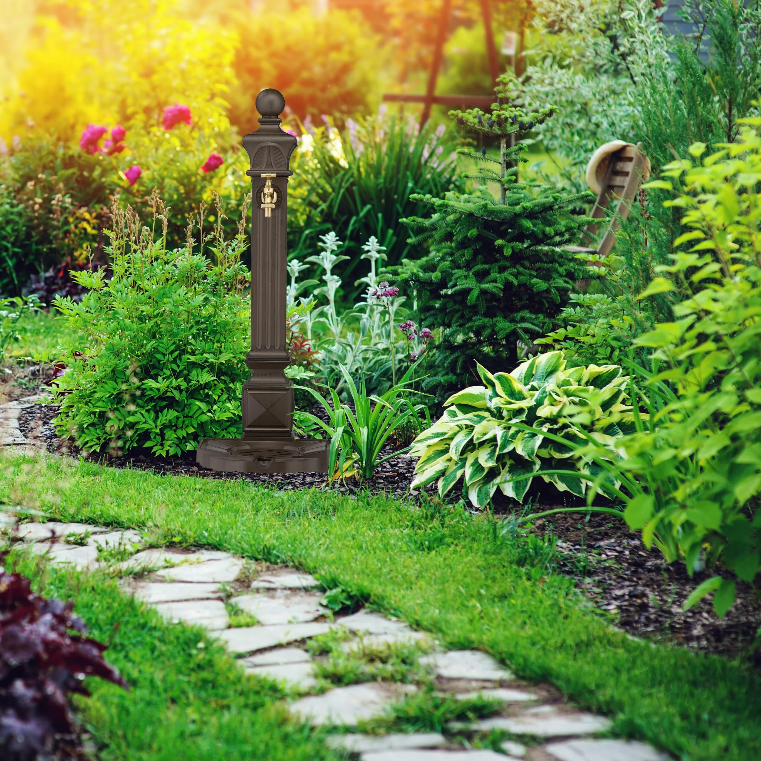 Relaxdays Fontana da Giardino in Stile Antico, Fontanella a Colonna con Rubinetto e Vaschetta, HLP: 82x29x33 cm, Marrone