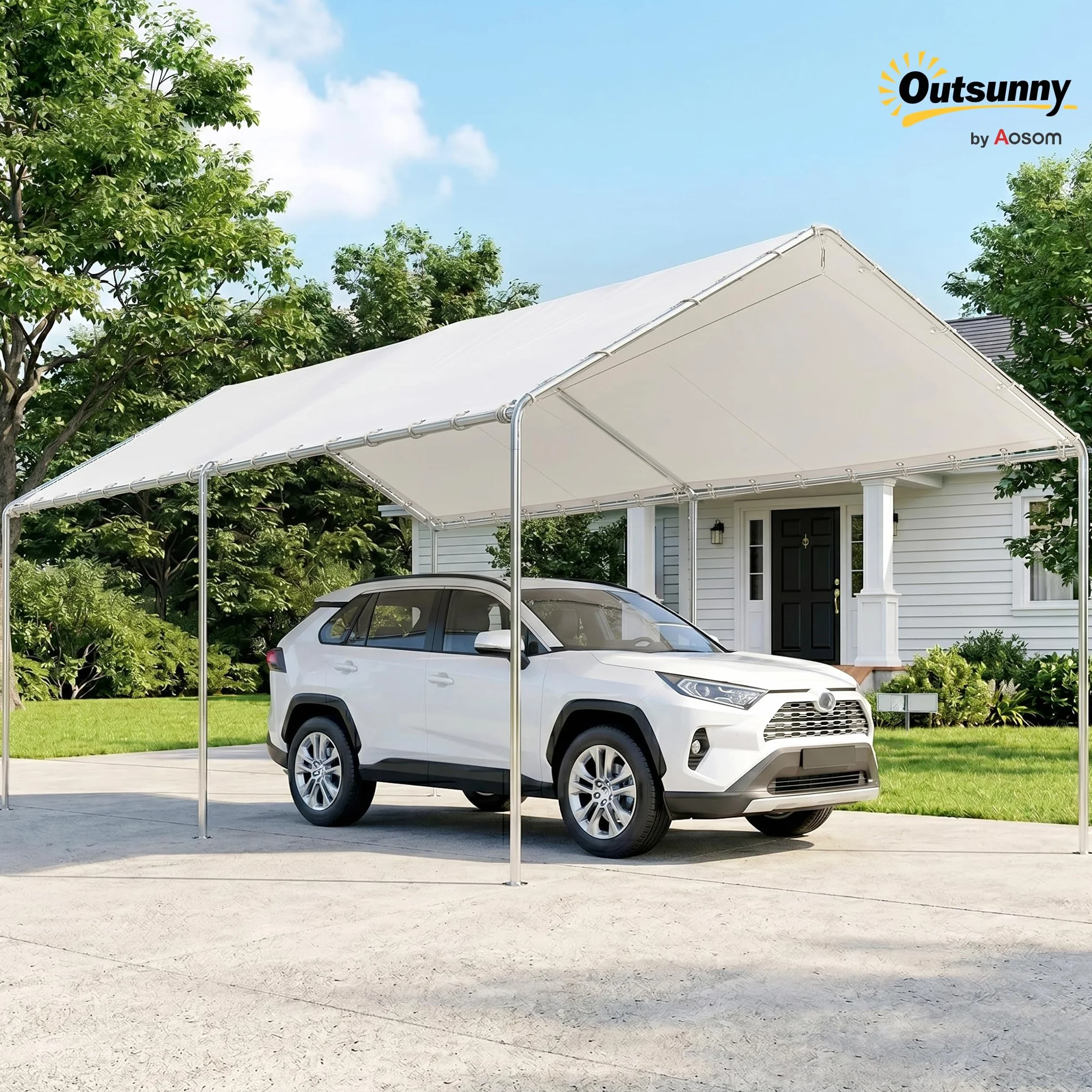 Outsunny Gazebo Copertura per Auto 6x3m Acciaio Zincato Bianco