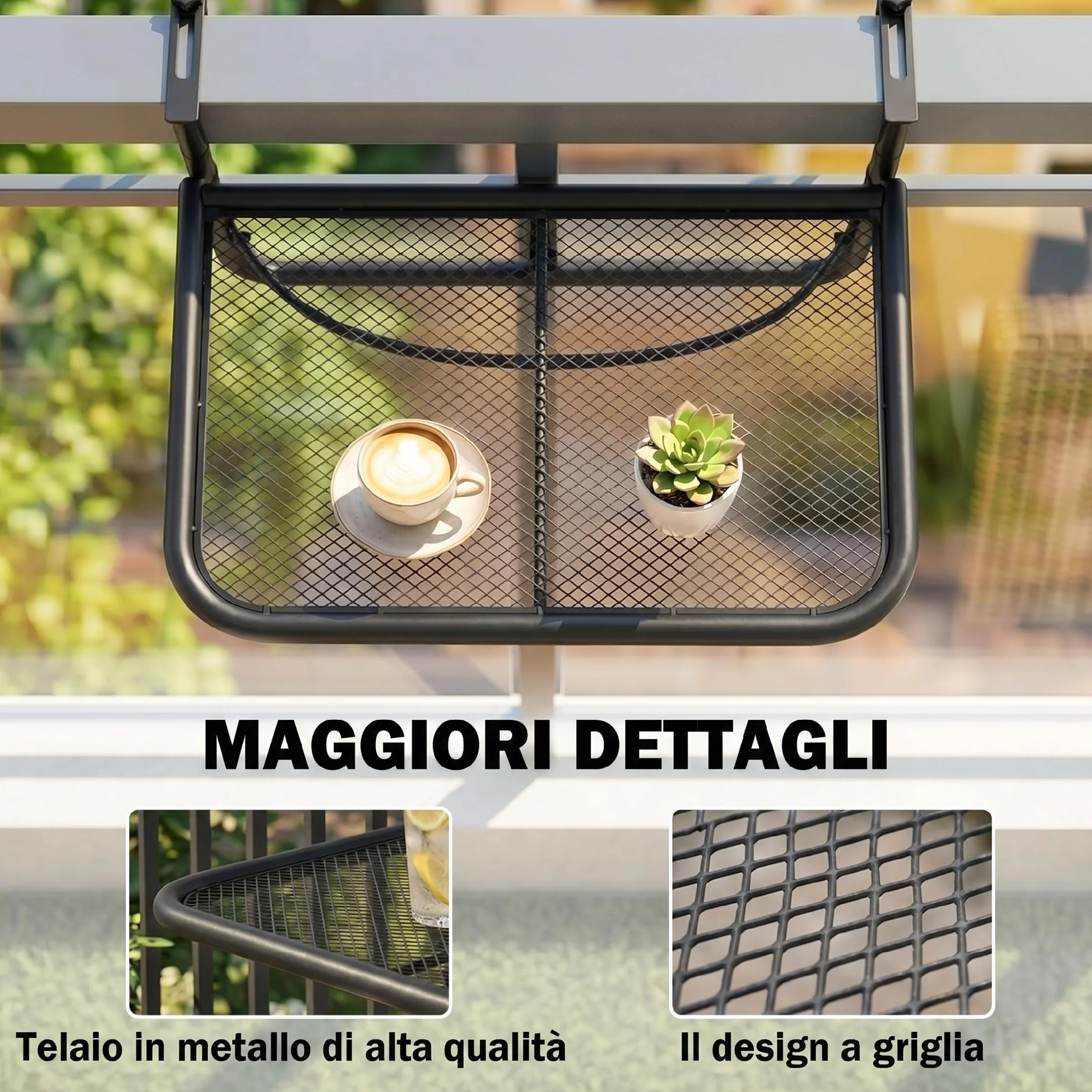 Outsunny Tavolino da Balcone Pieghevole in Metallo 3 Altezze Regolabili 60x56.5x45cm Nero