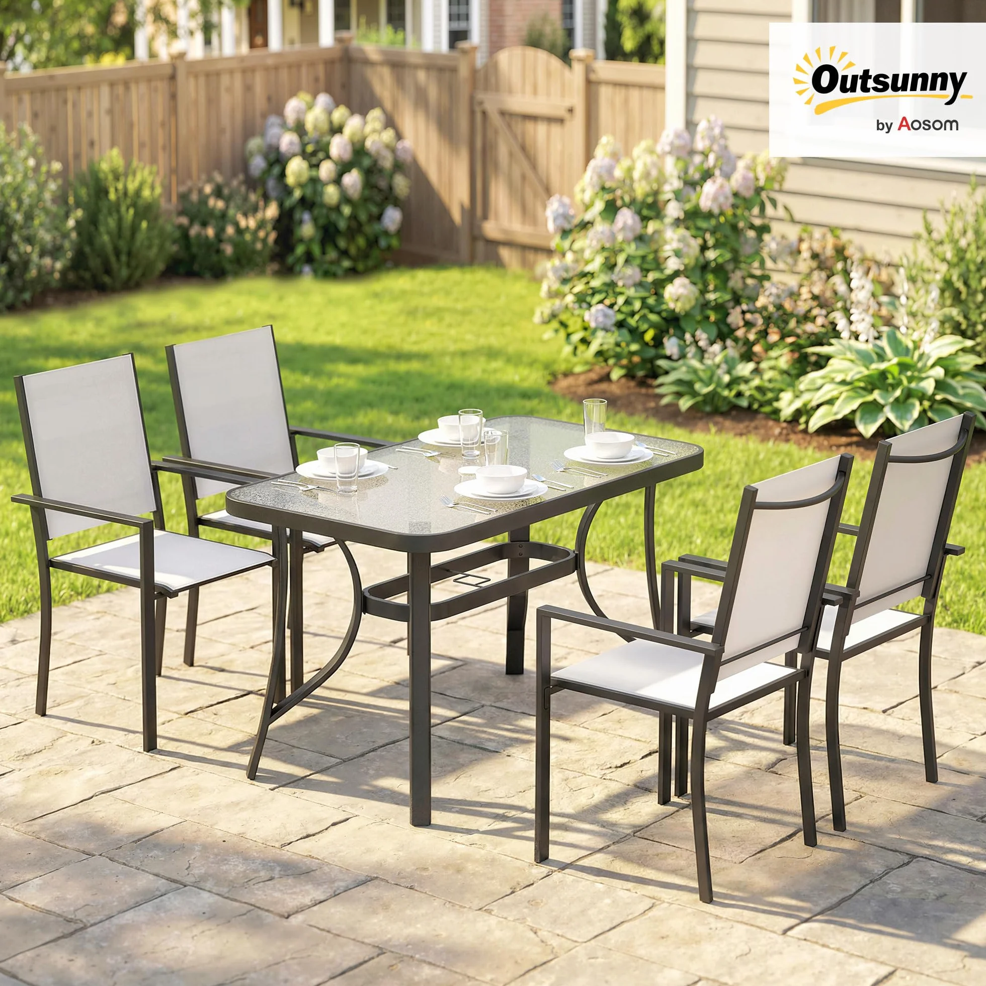 Outsunny Set Tavolo e Sedie da Giardino 5 Pezzi, Set Pranzo Esterno con 4 Sedie Impilabili Texteline, Tavolo Vetro Temperato, Foro Ombrellone, Acciaio, Grigio Chiaro