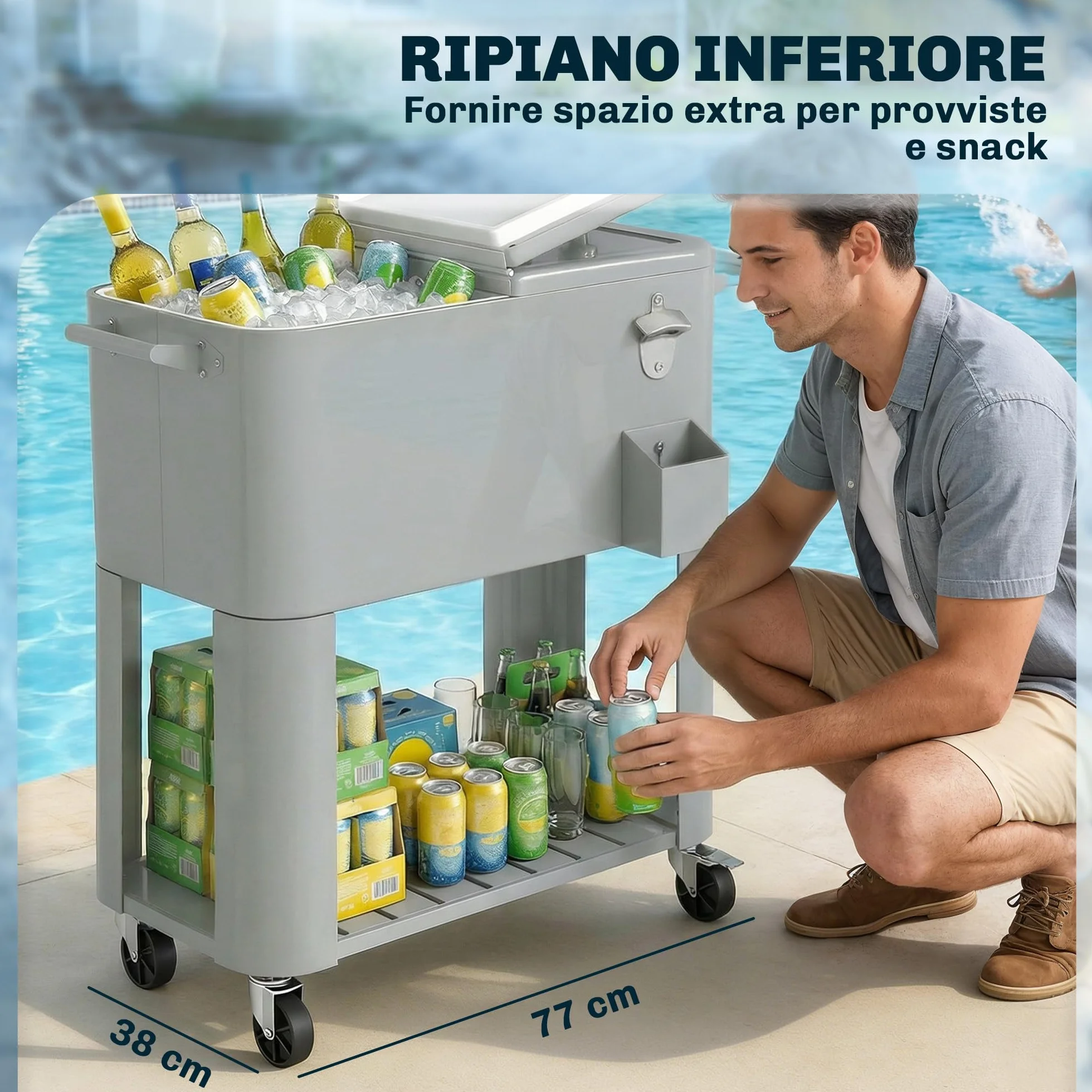 Outsunny Ghiacciaia da Giardino 76L, Carrello Portavivande con Ripiano, Apribottiglie, Ruote Bloccabili, Argento