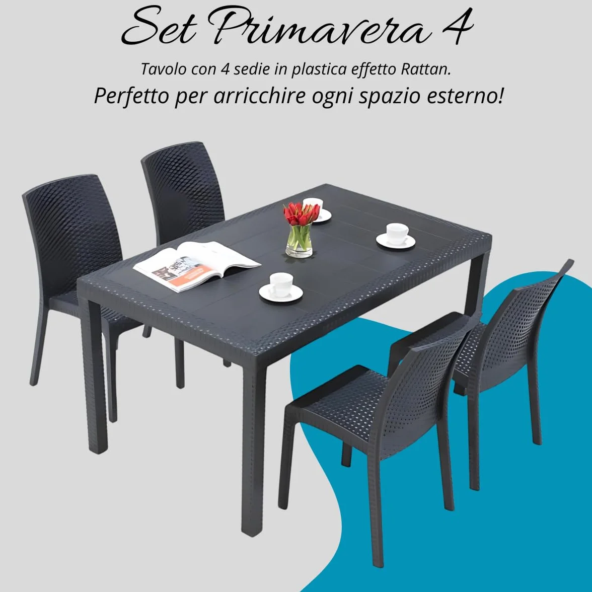 Tomaino Set Tavolo e Sedie Da Giardino in Plastica 4 Posti Impilabili Effetto Rattan Nero