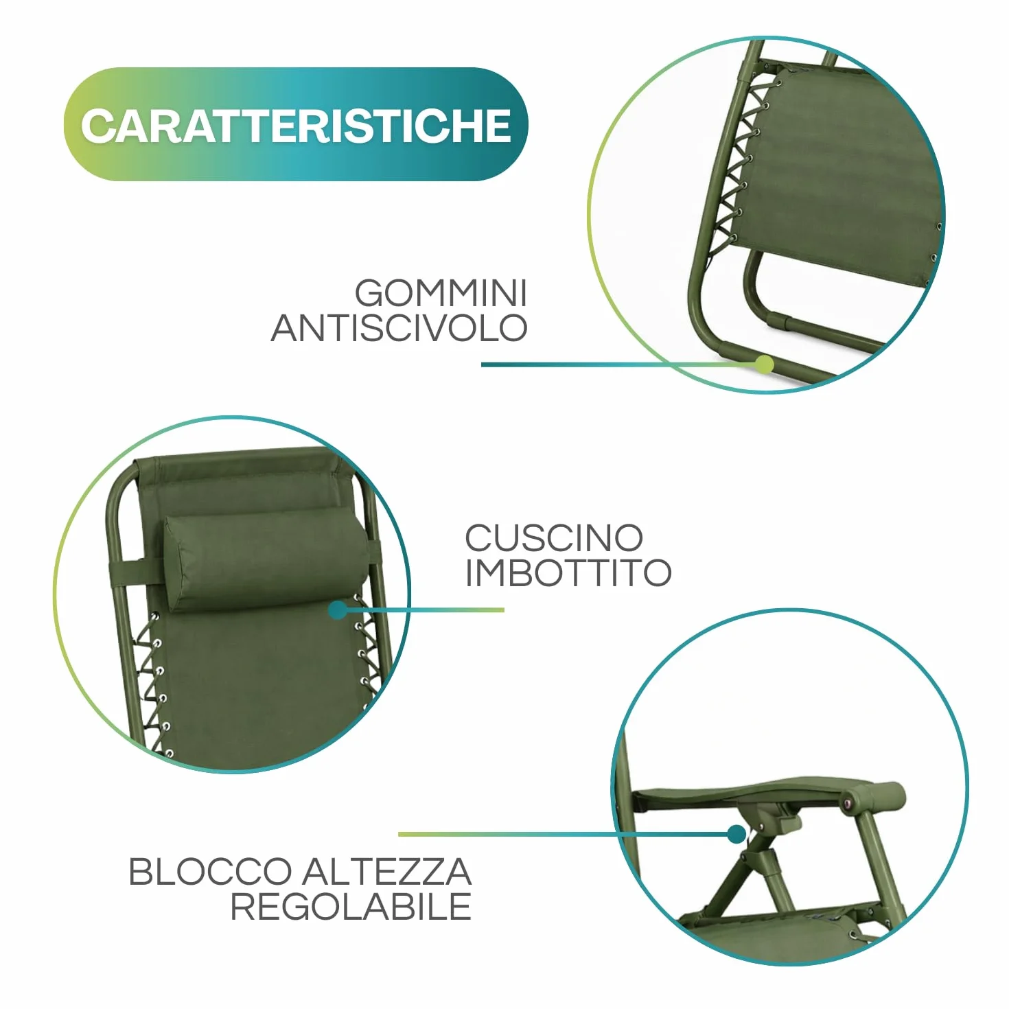 VIRSUS 2 Sedie Gravity Gravità Zero Pieghevole Textilene Acciaio Verniciato Reclinabile Piscina Spiaggia Giardino Verde