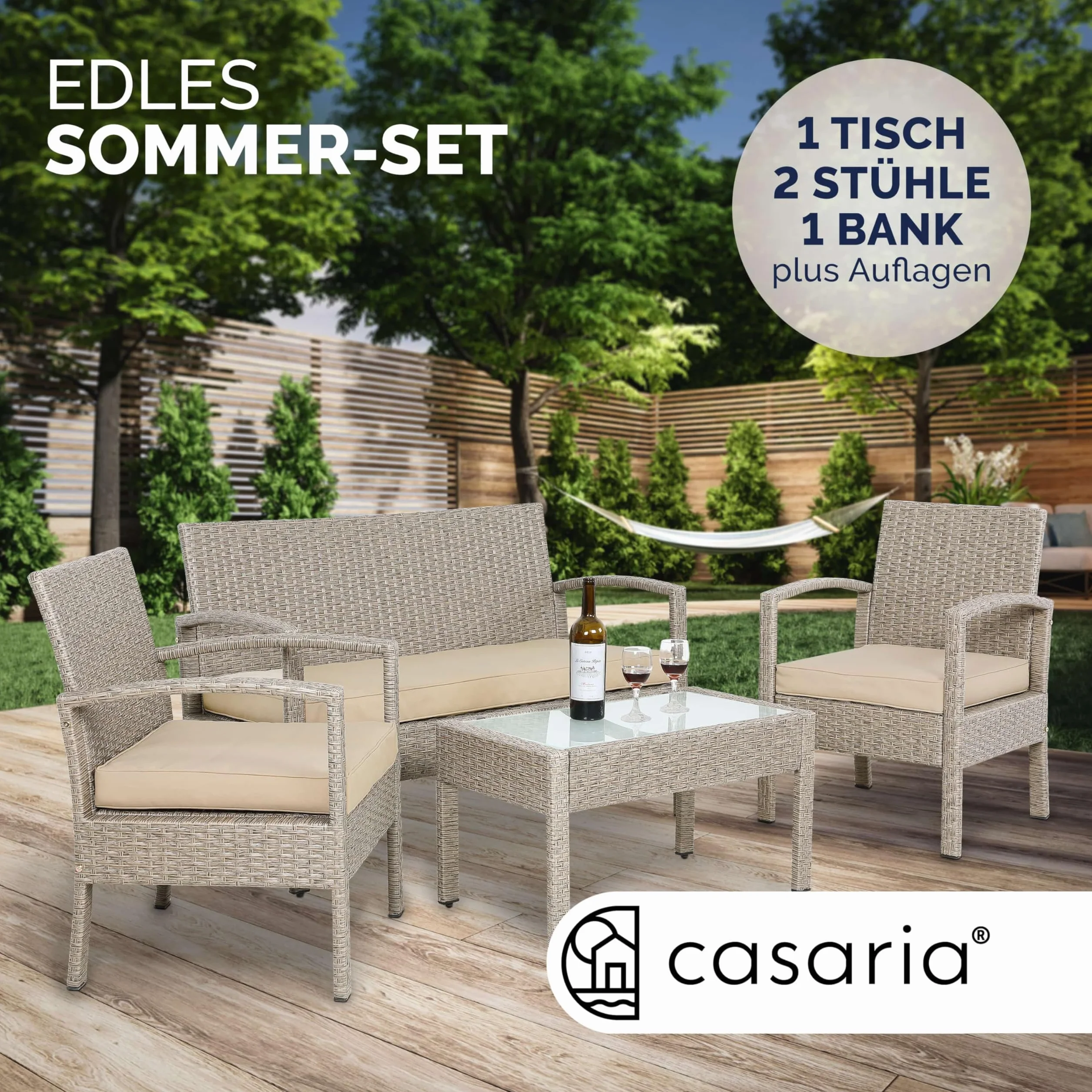 Casaria Lounge Tavolo da Giardino Polyrattan Set 4 Persone con Cuscini