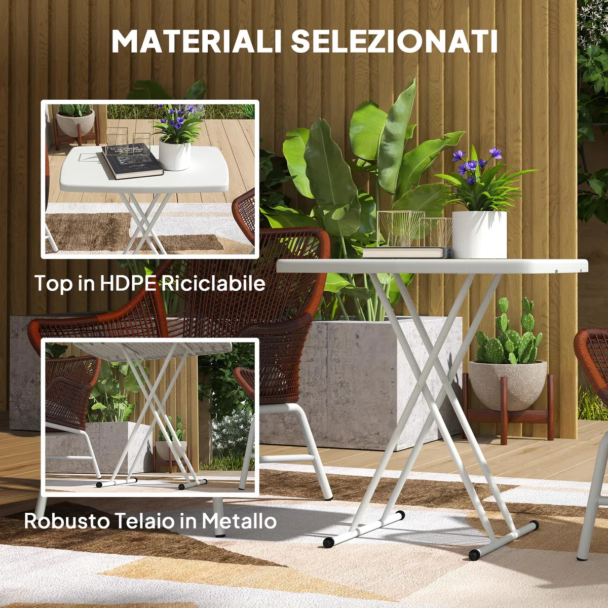 Outsunny Tavolino da Giardino Pieghevole Altezza Regolabile HDPE Metallo 76x50x74 cm Bianco