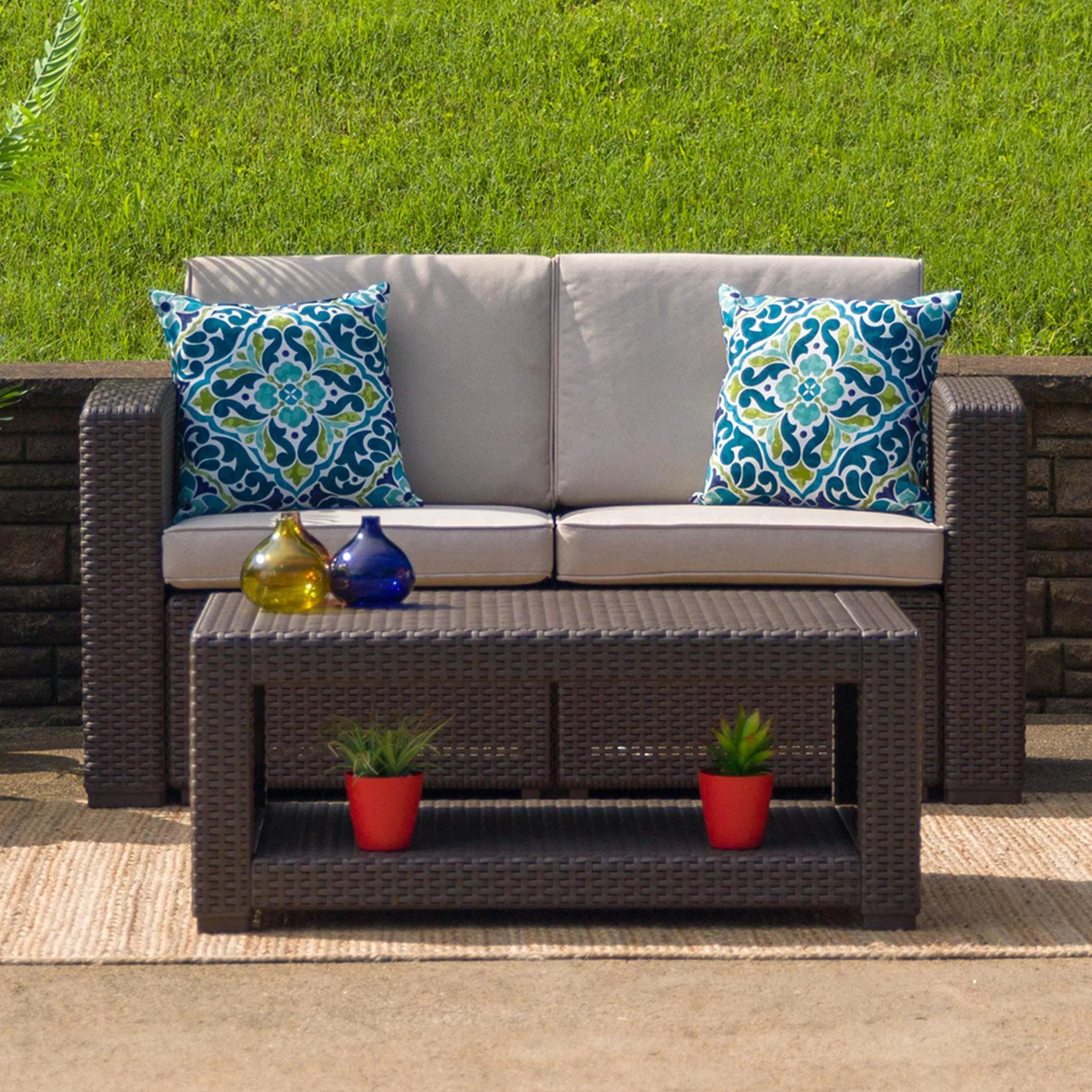 Flash Furniture Divanetto Seneca in finta rattan marrone cioccolato con cuscini beige resistenti a tutte le condizioni atmosferiche