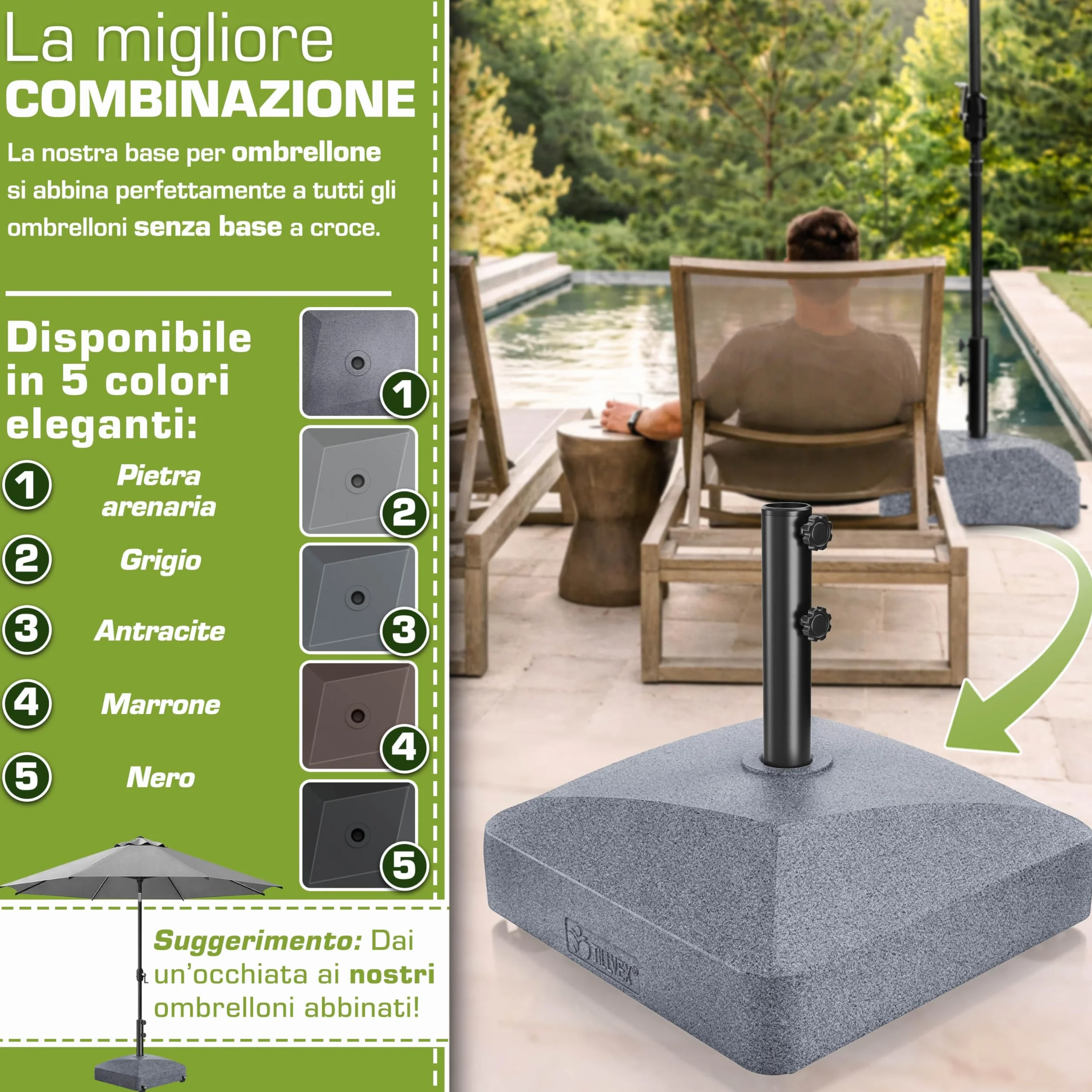 tillvex® Base per ombrellone GRAVIA e Ruote e Freni | Zavorra ombrellone riempibile 37L/56kg | Piedistallo per ombrelloni Giardino e Mercato Ø1,8-3,7m | Resistente a intemperie e UV (Effetto Granito)