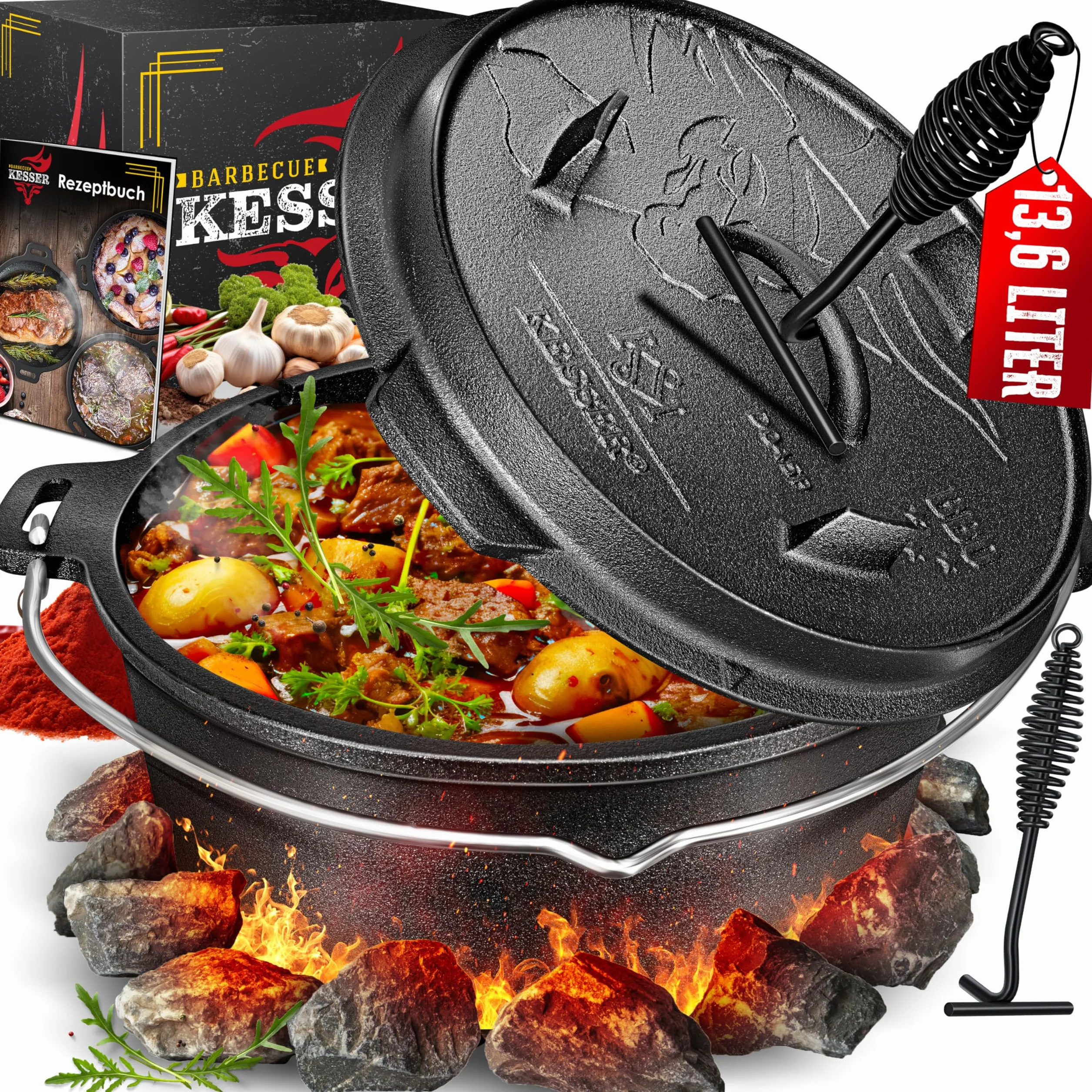 KESSER® Set forno olandese, Casseruola per barbecue, pentola in ghisa con manico per sollevare il coperchio e fessura per termometro, per barbecue, pentola per gulasch, uso esterno e interno