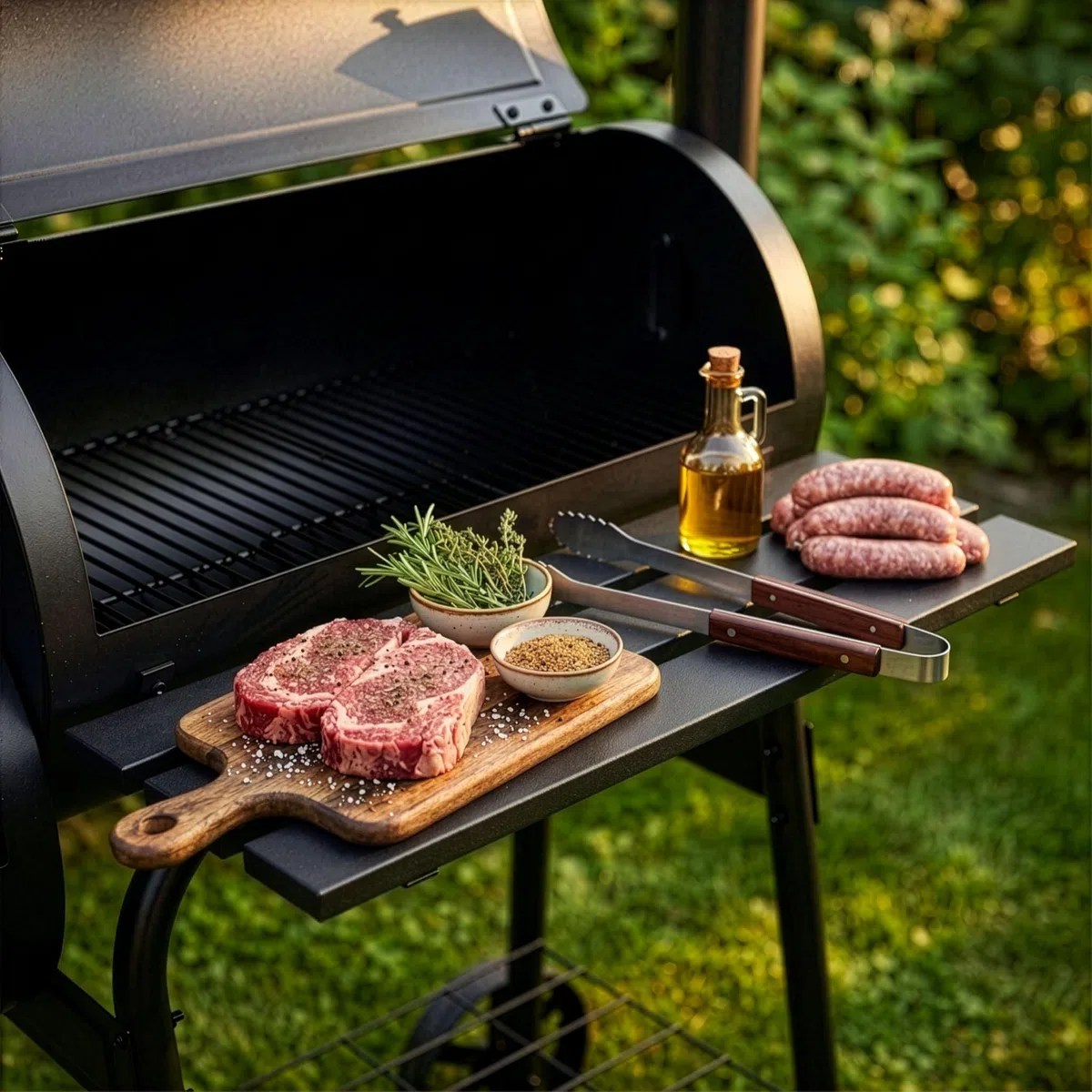 LEHMANN Barbecue a Carbonella e Affumicatore 2 in 1, BBQ Griglia di Cottura XXL, Coperchio con Termometro e Maniglia Antiscottatura, 2 Ruote, Tavolini Laterali Pieghevoli & Ripiano Inferiore, Nero
