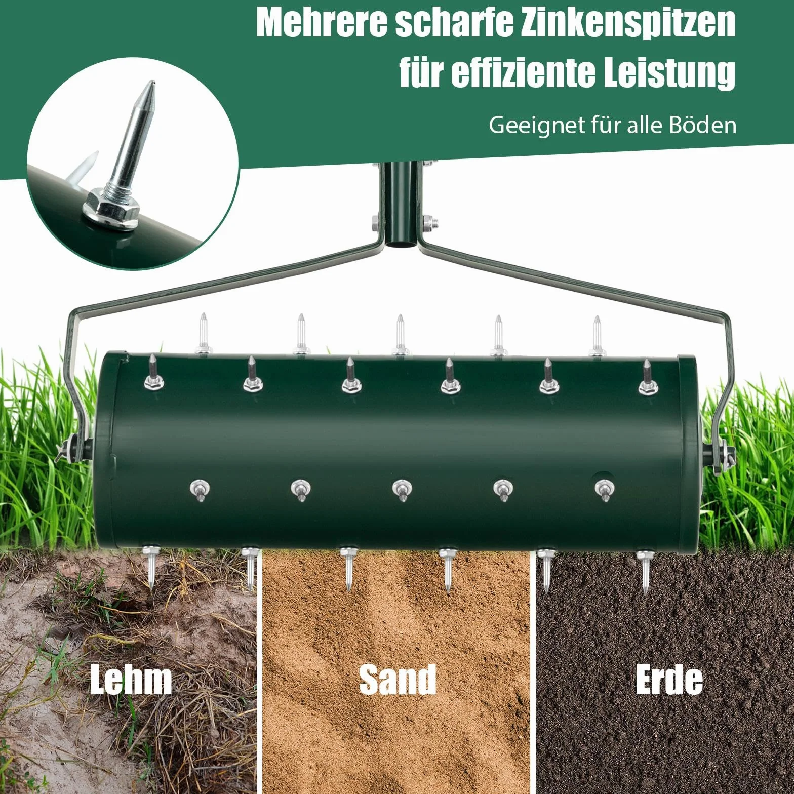 SOARS Arieggiatore per Prato a Rullo 44/53 cm, Aeratore Rullo da Giardino Manuale con Chiodi da 3,5 cm, in Metallo Antiruggine con Manico, Ideale per Prato, Orto e Terreno (53 x 130 cm, Verde)