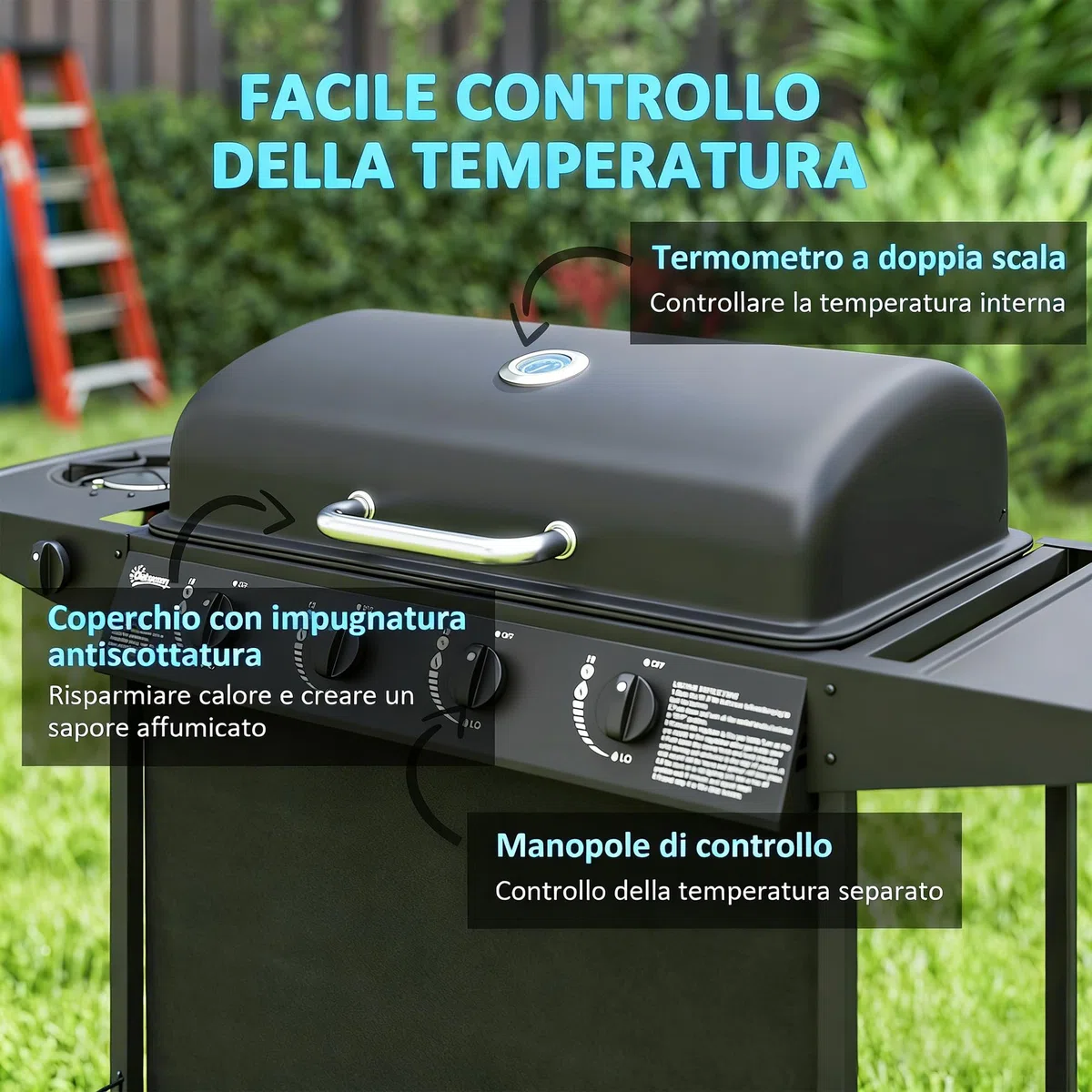 Outsunny Barbecue a Gas 4+1 Bruciatori con Coperchio e Termometro, Griglie, Tavolino Laterale, Nero