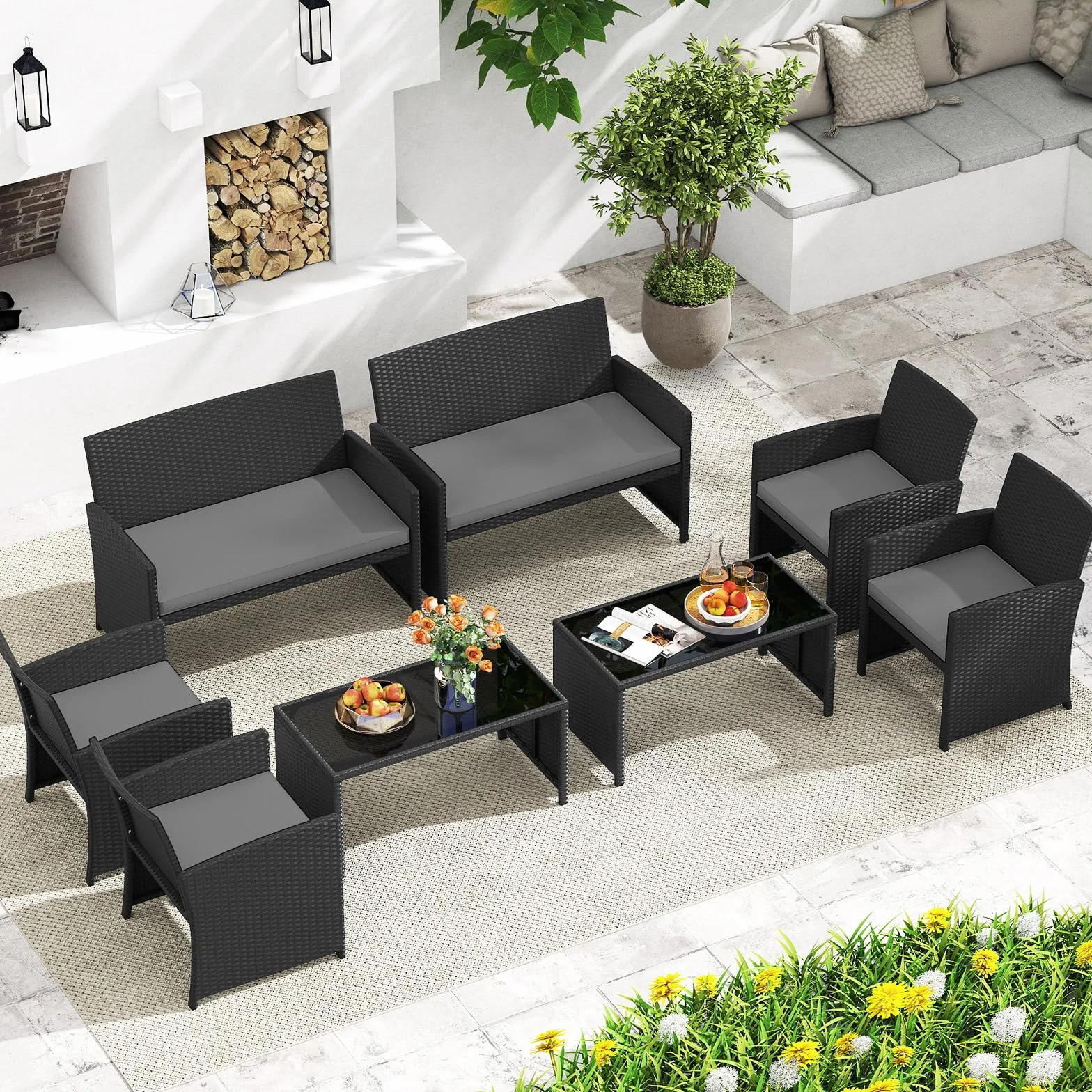 COSTWAY Set Salotto da Giardino 4 Pezzi, Divanetto e Poltrone in Rattan con Tavolino da Caffè in Vetro Temperato, Grigio