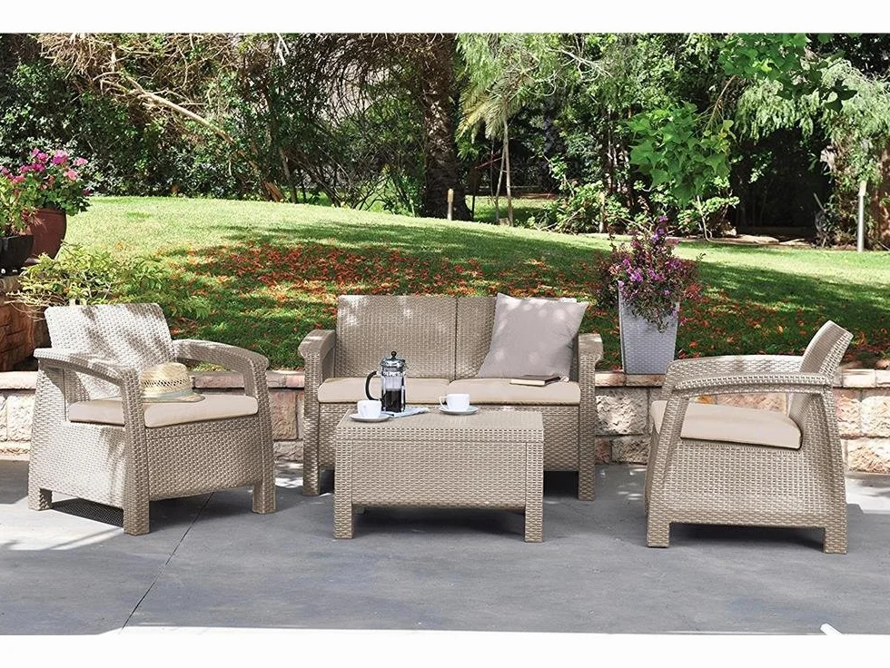 Keter Salottino da Giardino Corfu, Composto da Due Poltrone, Divano e Tavolino, Cuscini Inclusi, Cappuccino