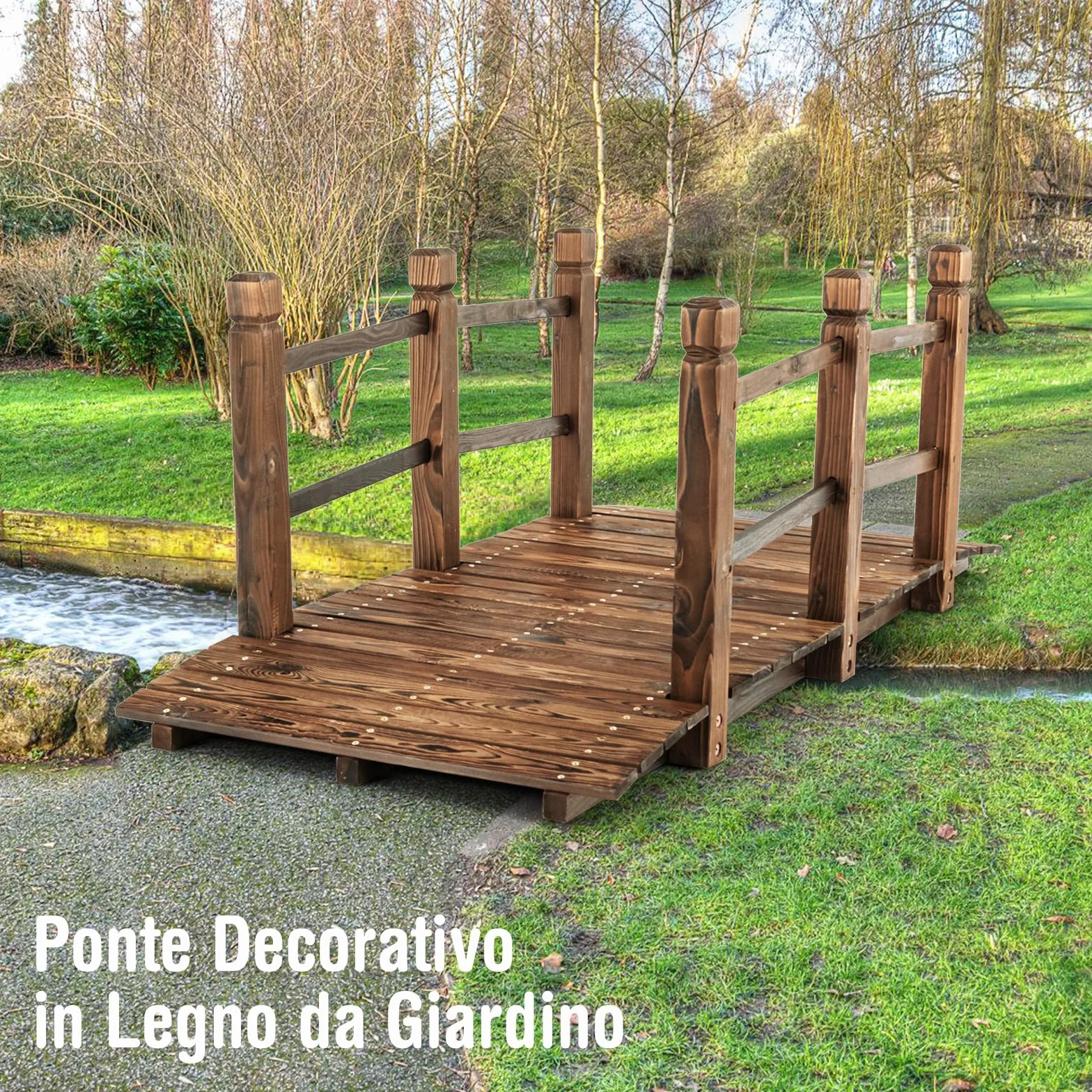 COSTWAY Ponte da Giardino in Legno, Ponte Decorativo ad Arco con Doppie Sbarre di Sicurezza, Struttura in Abete per Percorso Esterno per Cortile, Strada di Ghiaia, Ruscello, Fattoria (Legno)