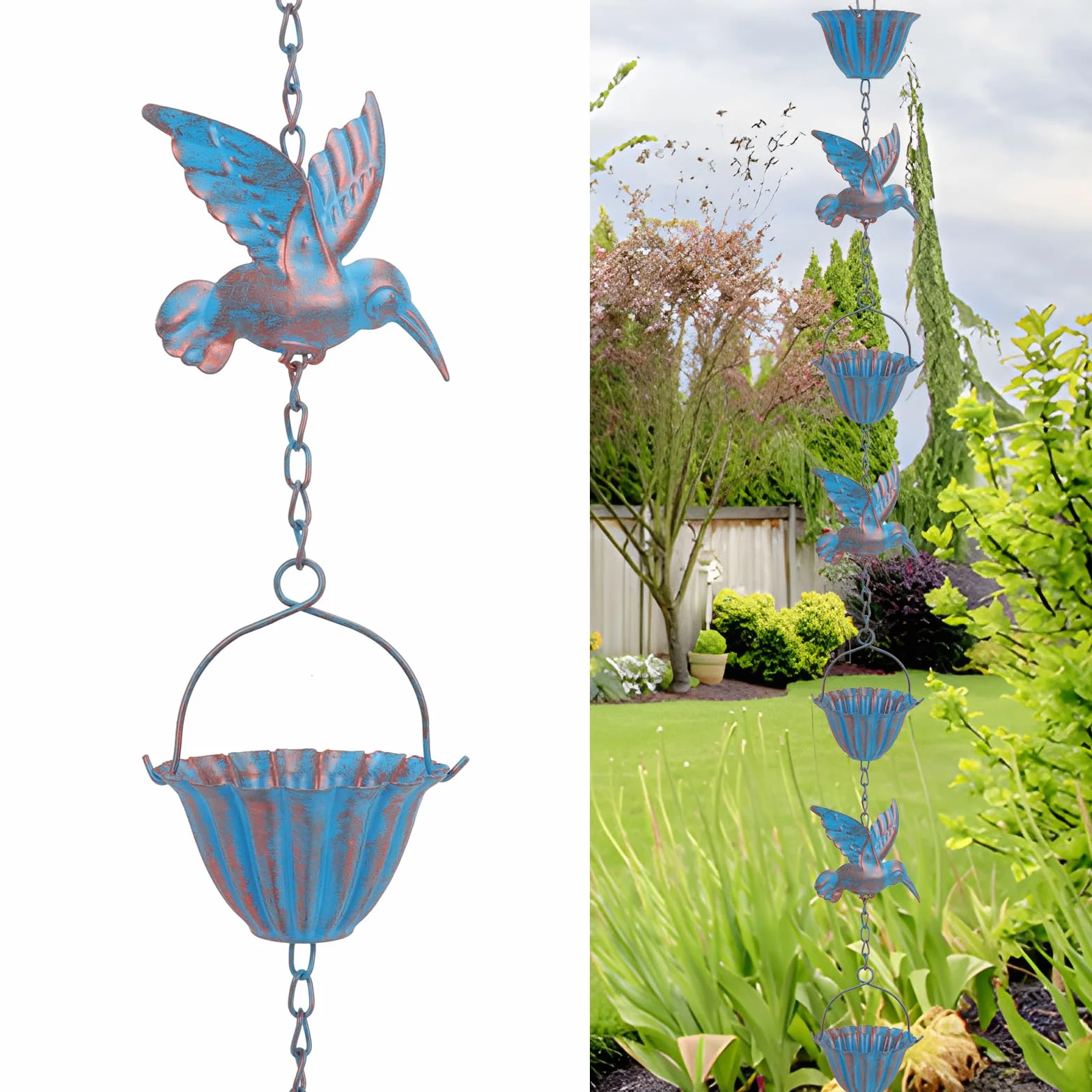 BigKing Catena per Acqua Piovana Colibrì per Grondaie, 2.4m Catena Antipioggia Sospesa per Il Drenaggio dell'Acqua, Catena per Grondaia, Deviatore per Acqua Piovana Esterna, Eaves Drainage