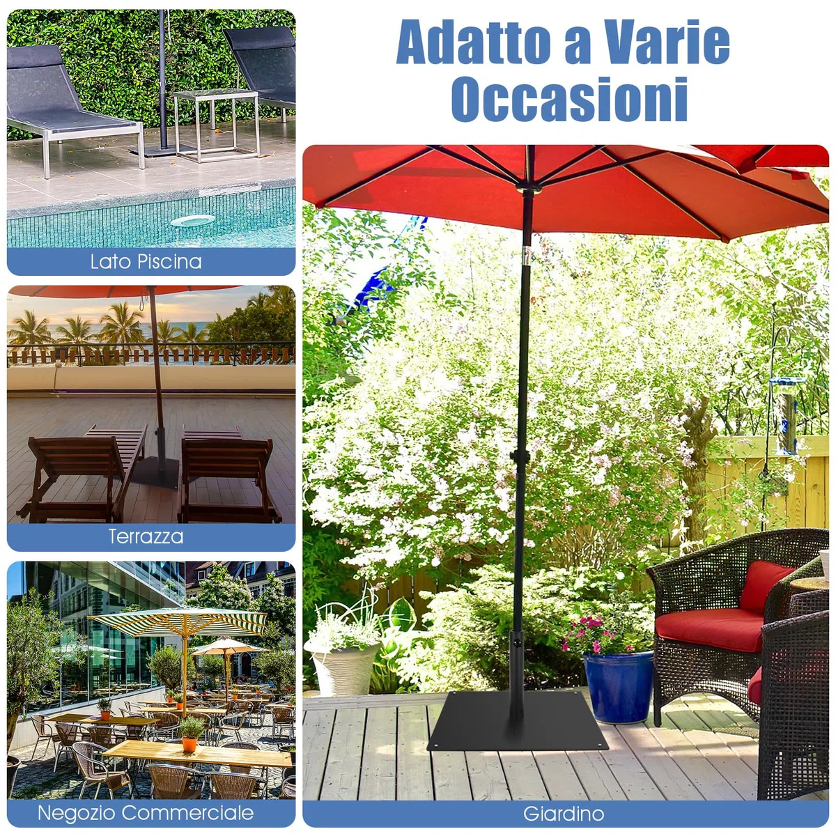 COSTWAY Base per Ombrellone Quadrata 50 cm, 16 kg con 4 Piedini Regolabili, Adattatori da 4cm/5cm, Supporto Ombrellone Installazione Veloce, per Patio Piscina (Nero)