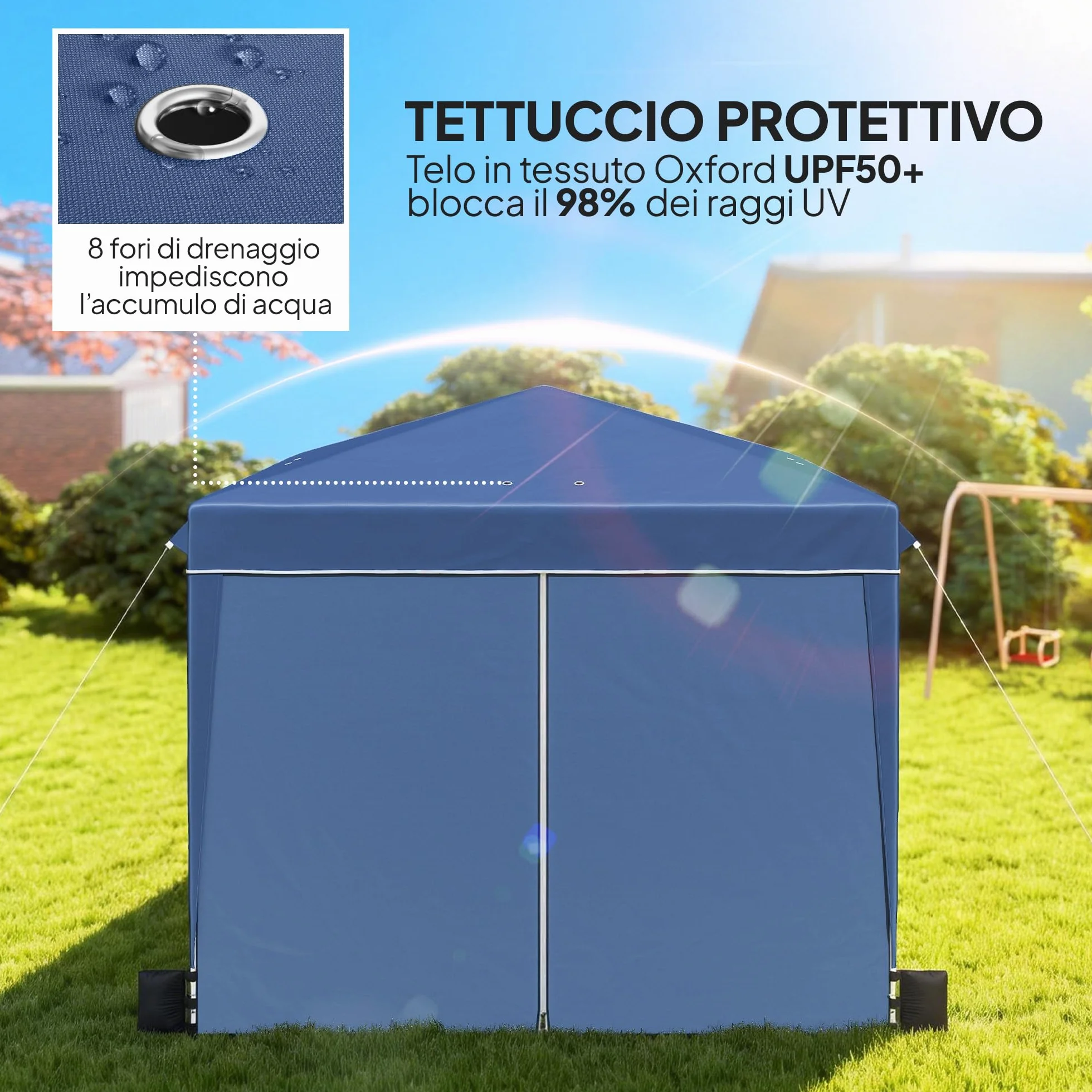 Outsunny Gazebo 3x3m Pieghevole Pop Up Altezza Regolabile, Gazebo da Giardino con Pareti Laterali, UV50+, Blu Scuro