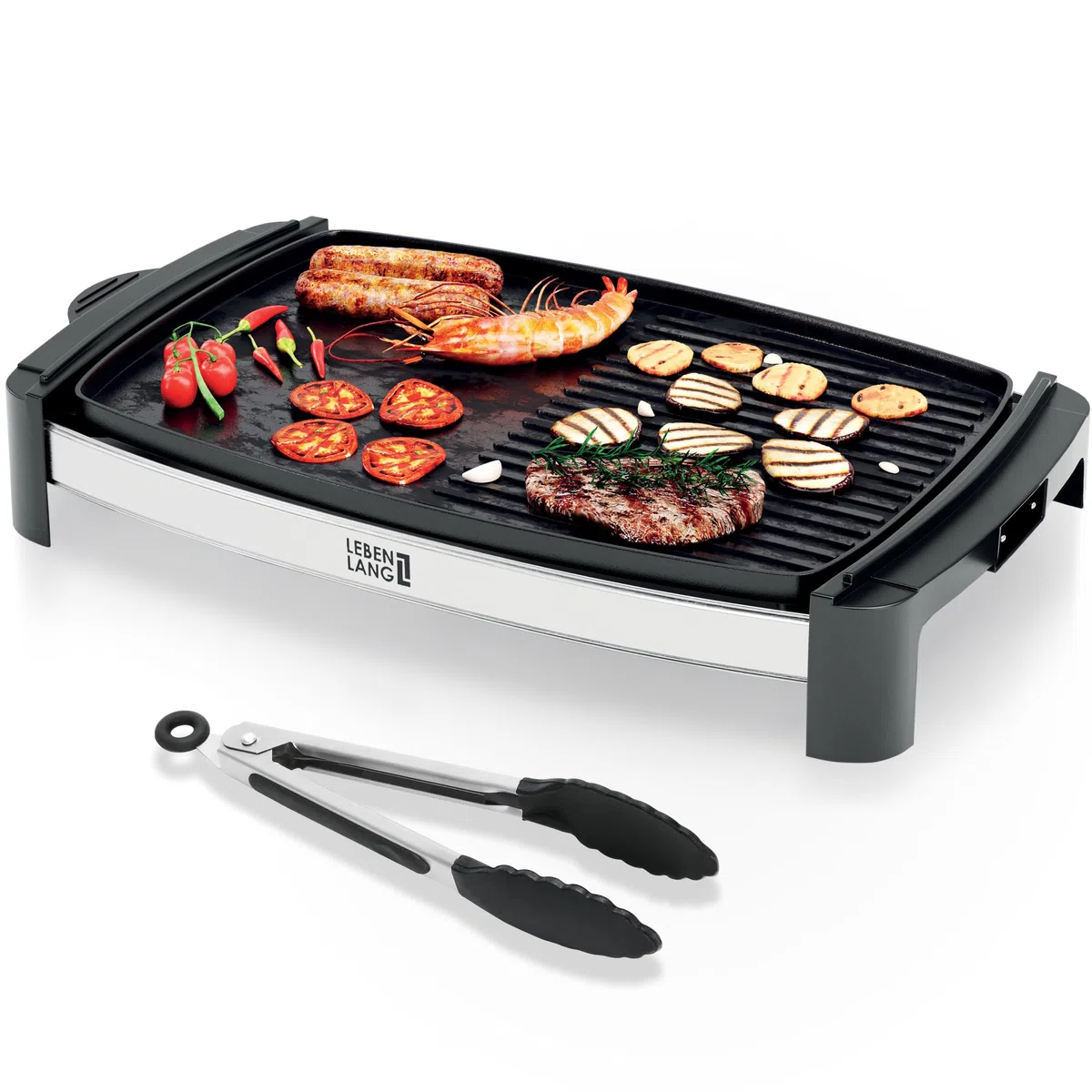 LEBENLANG Griglia Elettrica XXL 2000W - Incl. Pinze Per Barbecue I 45x30cm I Per Uso Interno & Esterno I Bistecchiera Barbecue Grande Grill Elettrico Piastra Per Grigliare Senza Fumo BBQ Da Balcone