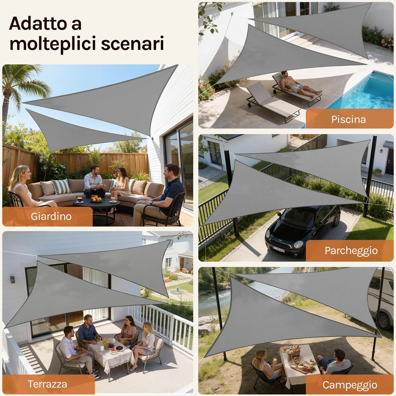 WOLTU Vela ombreggiante 5x7x7m HDPE 180 g/m² Traspirante Tenda a Vela Parasole Triangolare Anti UV Grigio