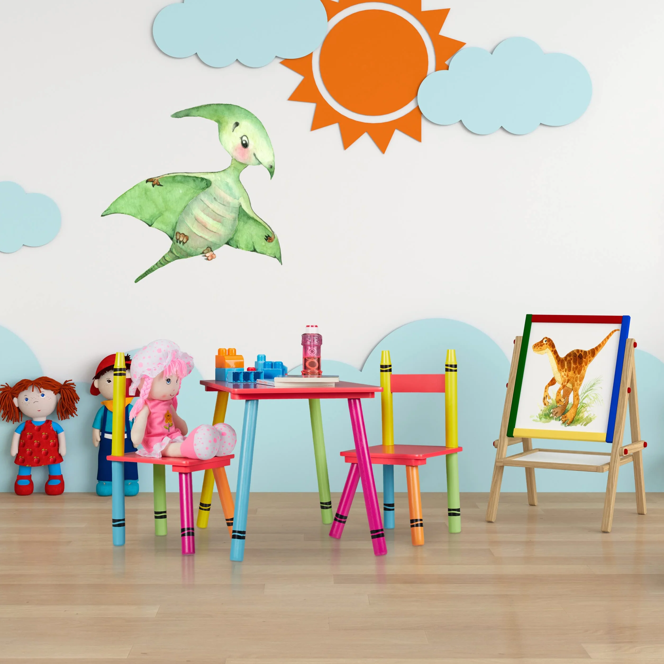 Relaxdays Set Tavolino e Sedie per Bambini e Bambine, Tavolo Basso con 2 Sedioline, in MDF e Legno di Pino, Colorato