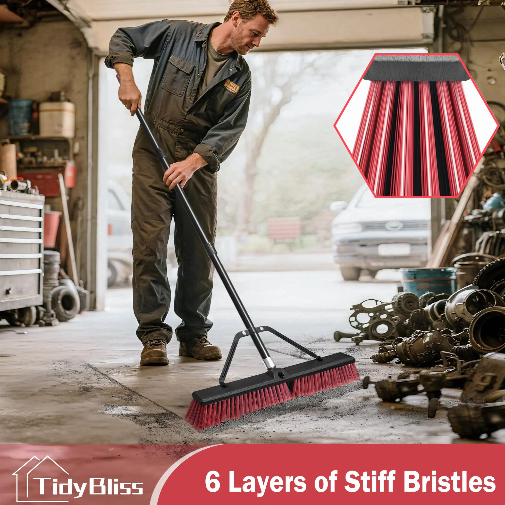 TidyBliss Scopa da Esterno Resistente da 60 cm, Spazzolone per Pavimenti Esterni con Setole Rigide e Manico Lungo 160 cm per Garage, Giardino, Cortile, Terrazza, Strada, Magazzino, Vialetto (Rosso)