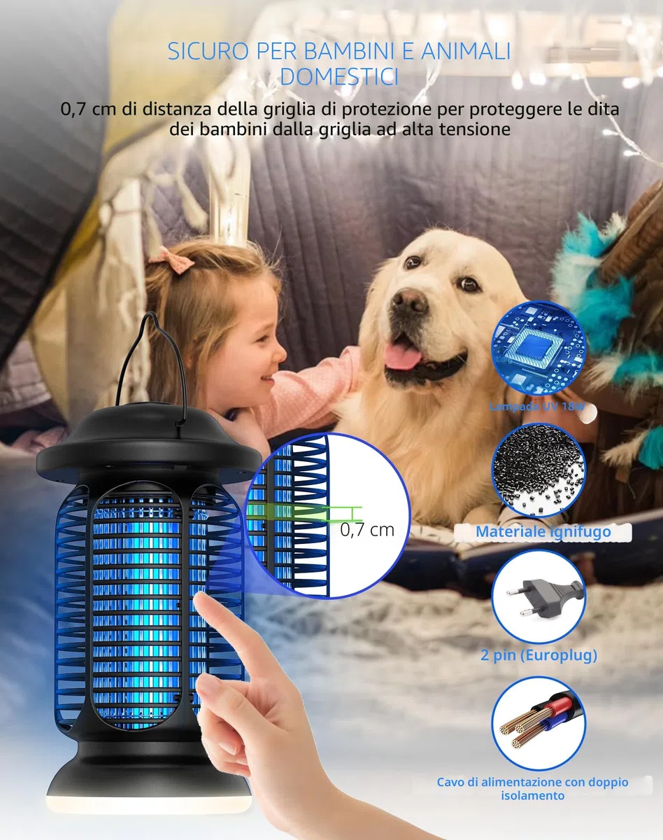 Lampada Antizanzare 20W, 4000V Trappola Elettrica per Zanzare IPX4 Resistente all'Acqua, Lampada Antizanzare Molto Efficace per Interni/Esterni, Griglia Raffinata e Illuminazione LED Integrata
