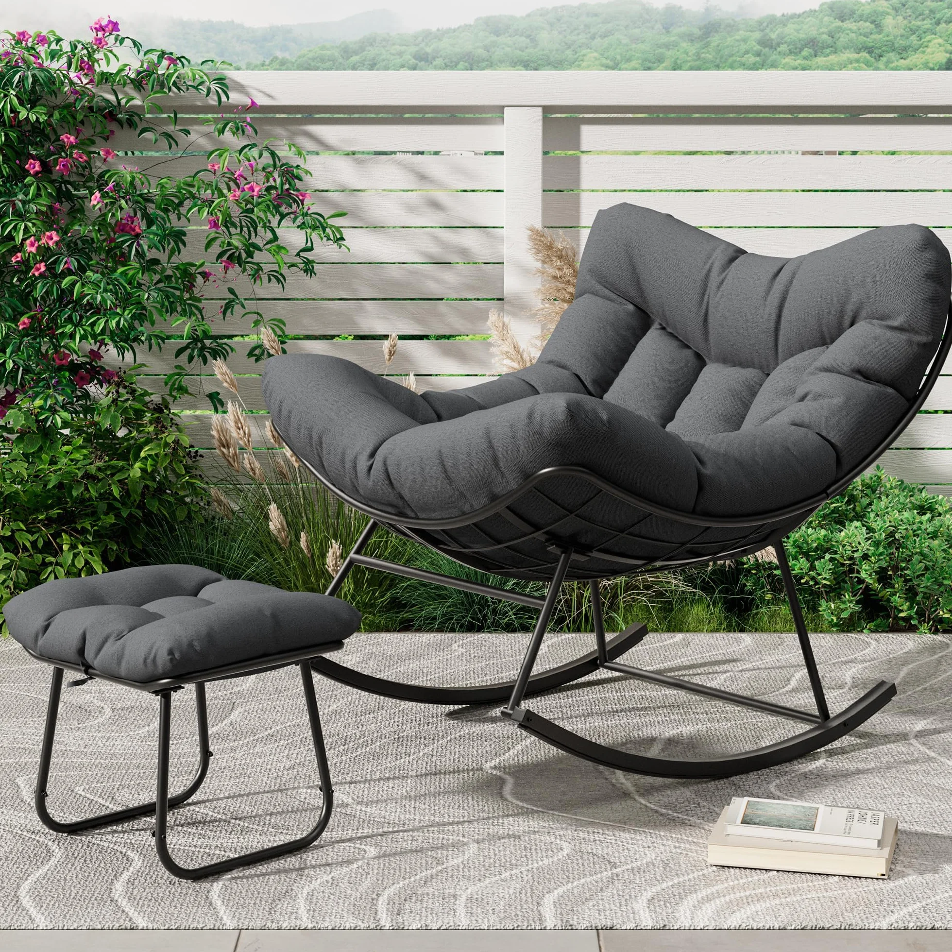 Sedia a dondolo esterno oversize forma uovo poggiapiedi - Seduta ergonomica tessuto grigio imbottitura spessa, struttura in metallo resistente alle intemperie, moderna sedia giardino giardino