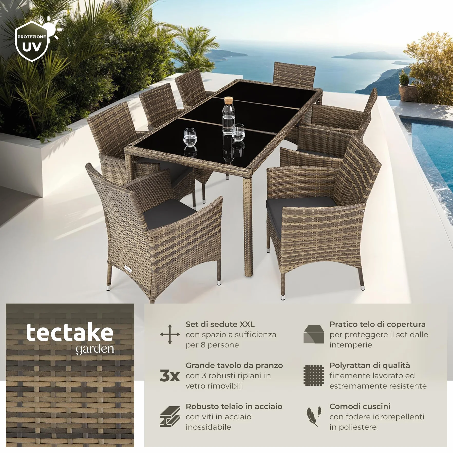 tectake® Set Mobili Giardino 8 Sedie 1 Tavolo Cuscini Morbidi Poli Rattan Naturale/Grigio Scuro