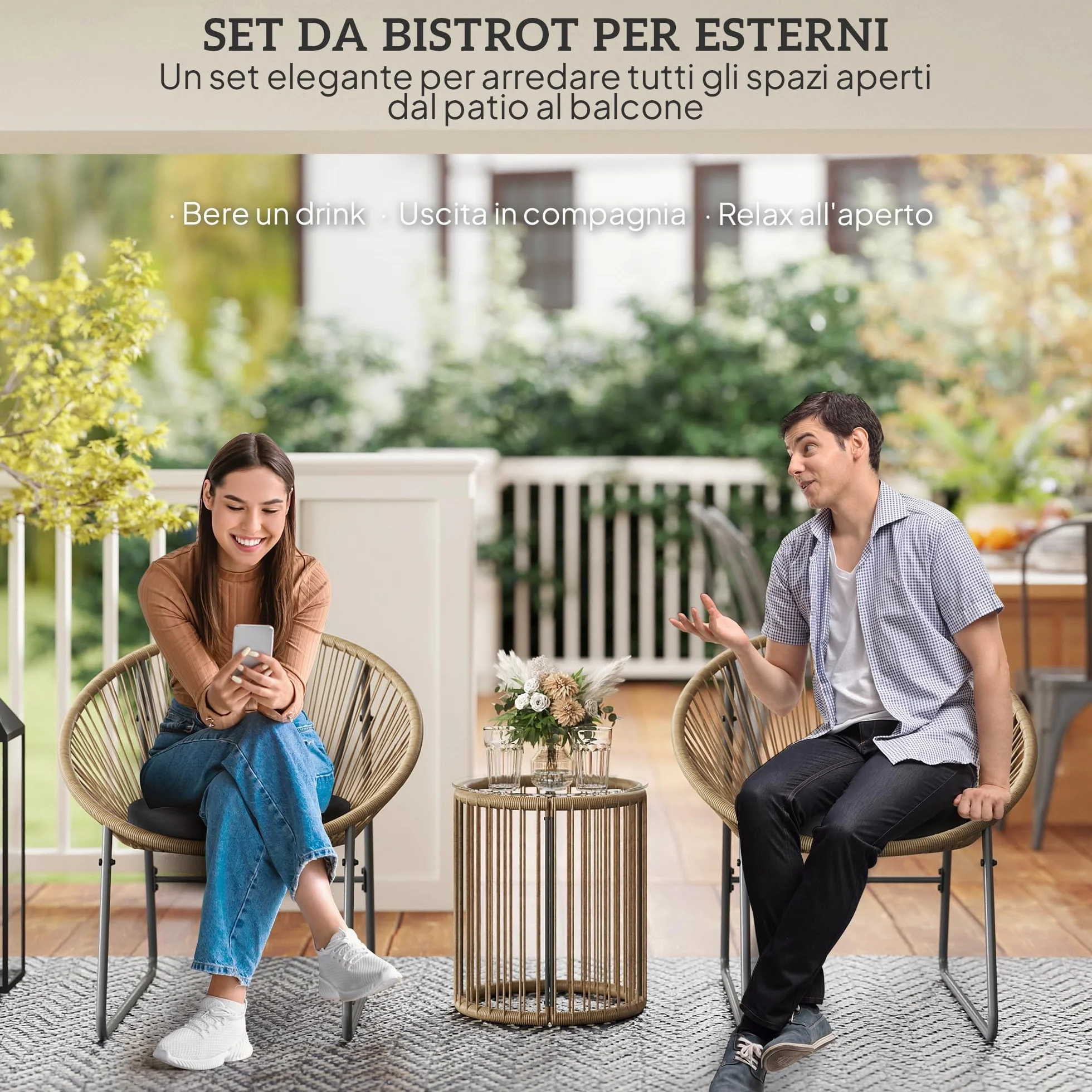 Outsunny Set da Giardino 3 Pezzi Rattan PE Acciaio, 2 Sedie Cuscini Lavabili Tavolino Caffè Vetro, Mobili Balcone Patio Cortile
