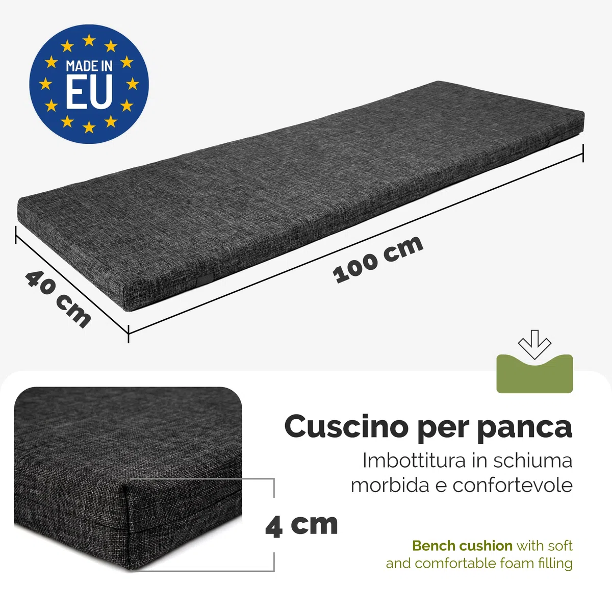 Garronda Impermeabile Cuscino per Panca da Esterno 100 x 40 in Poliestere Antracite