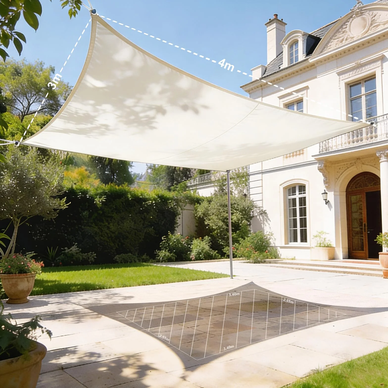 Tenda a Vela Ombreggiante Impermeabile Rettangolare 3x4 m, Protezione Raggi UV 98%, Telo Ombra 400x300, Bianca Beige