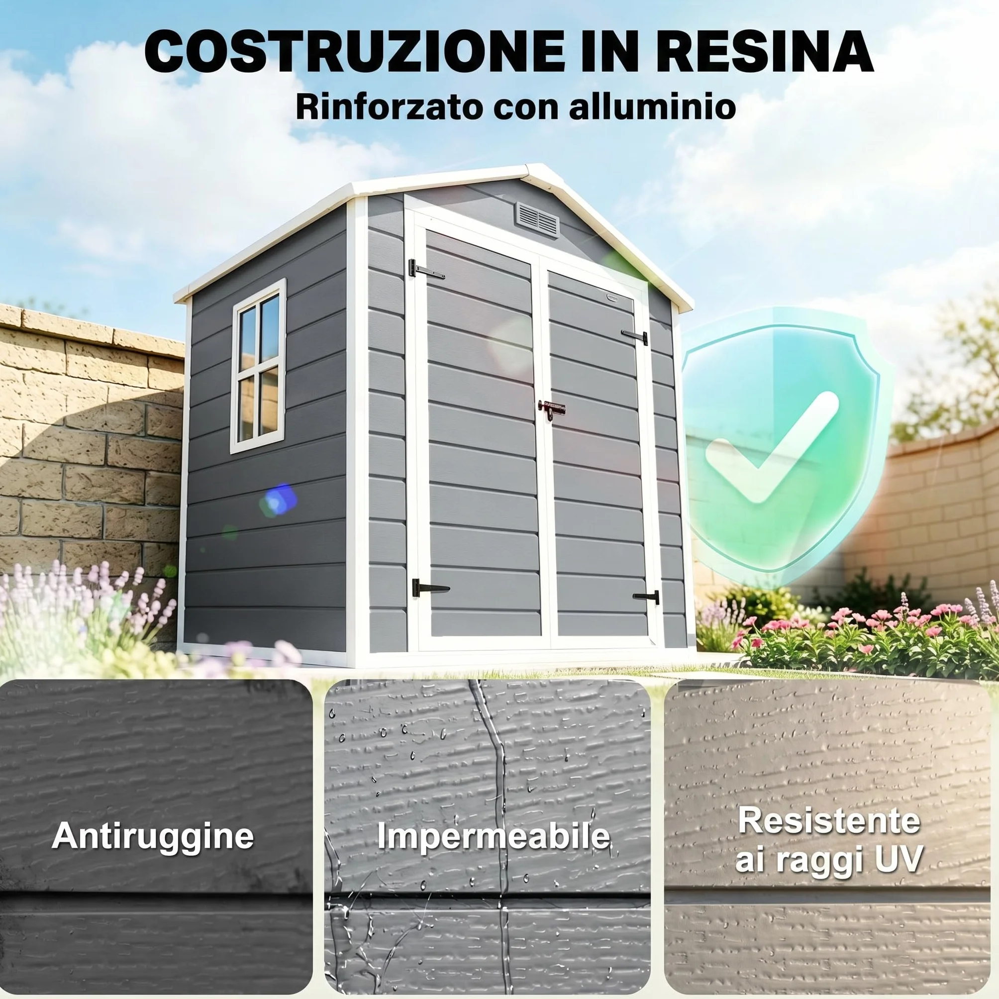 Outsunny Casetta da Giardino Porta Attrezzi in Finitura Effetto Legno Graffiato con Pavimento, 2.12m² Capanno da Giardino con Doppia Porte e Serratura, Tetto Inclinato, 183x134x210 cm, Grigio