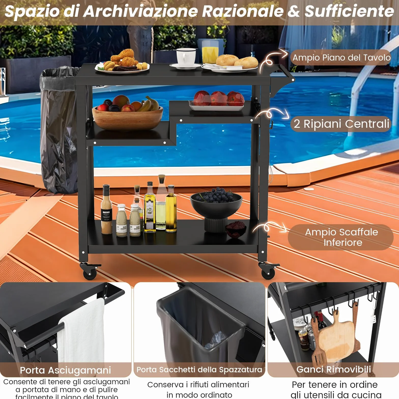 COSTWAY Carrello Barbecue da Esterno Portatile 3 Ripiani 4 Ruote Bloccabili