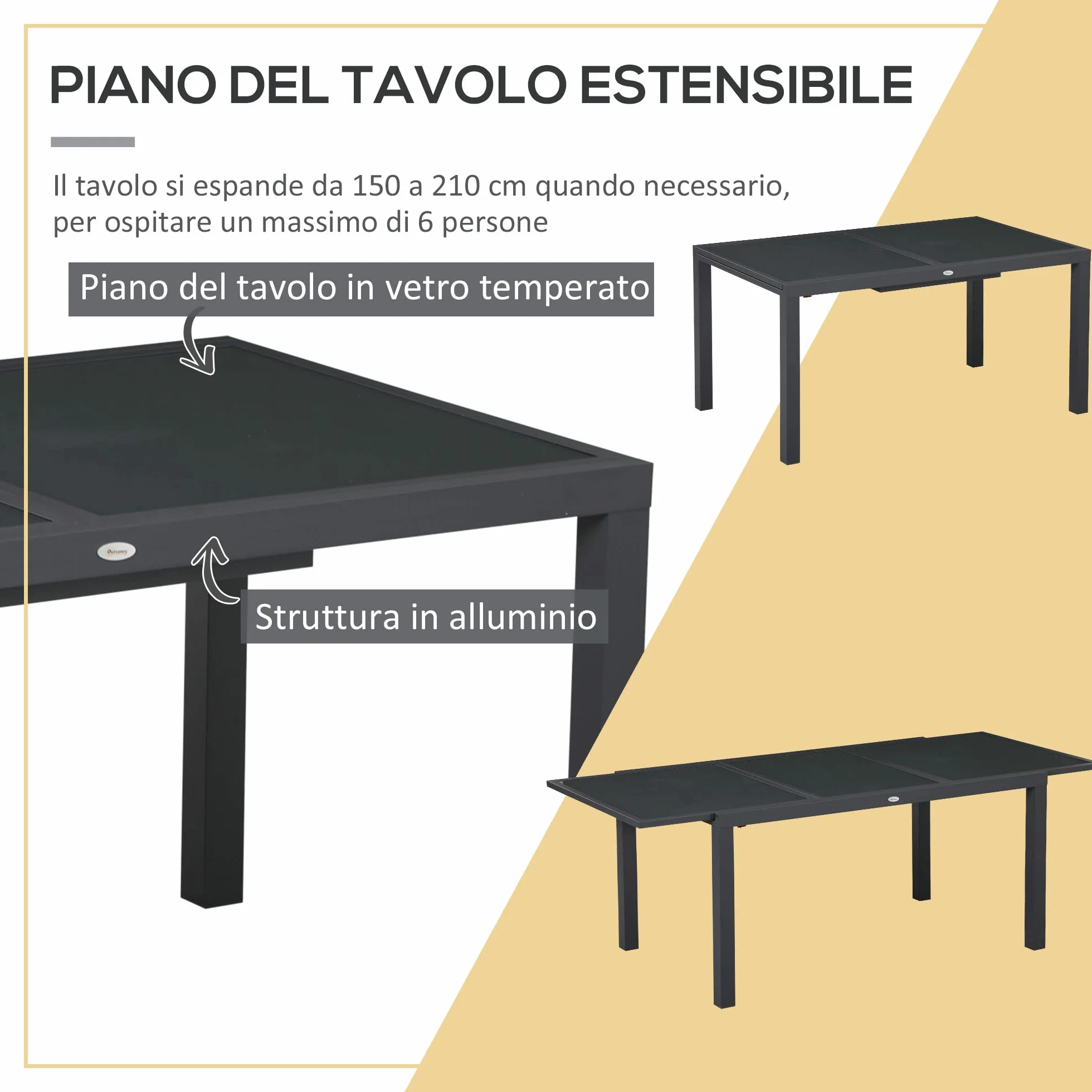 Outsunny Set Tavolo e Sedie da Giardino 7 Pezzi, Alluminio, Tavolo Rettangolare Allungabile, 6 Sedie Impilabili Texteline, Grigio Scuro