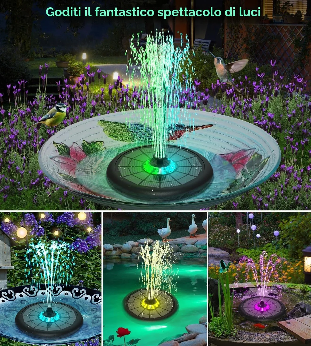 SZMP Fontana Solare, 10 Luci 5W, Pompa ad Acqua Solare Fontana con 7 Ugelli, 4 Fissatori, 4000mAh Batteria, Fontana da Giardino Esterno per Uccelli, Acquario, Vaso dei Pesci