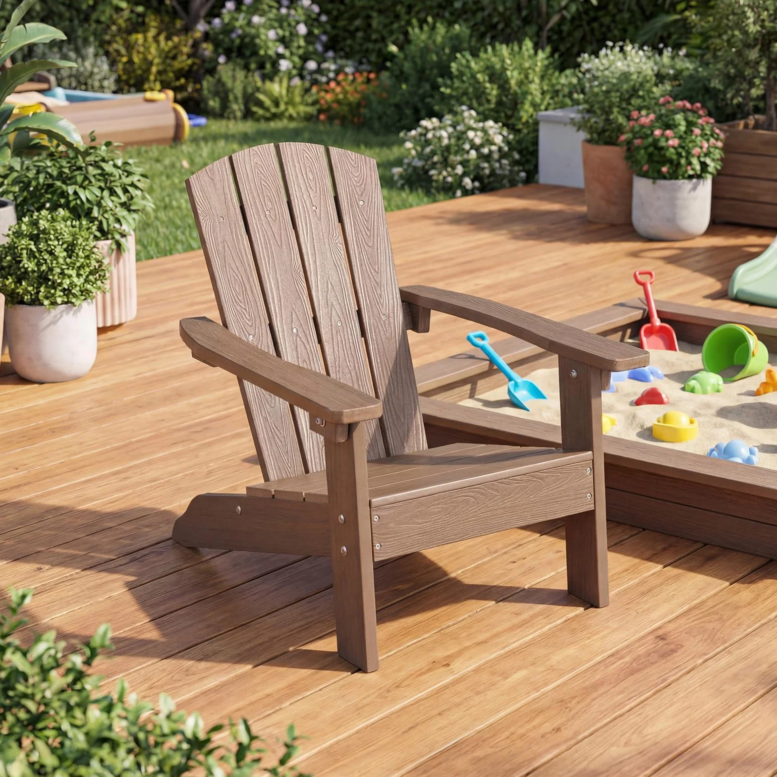 COSTWAY Sedia Adirondack per Bambini, Poltrona da Giardino in Plastica Resistente alle Intemperie con Schienale a Doghe Inclinato, Sedia Adirondack per Patio e Balcone, Portata 75 kg (Marrone)