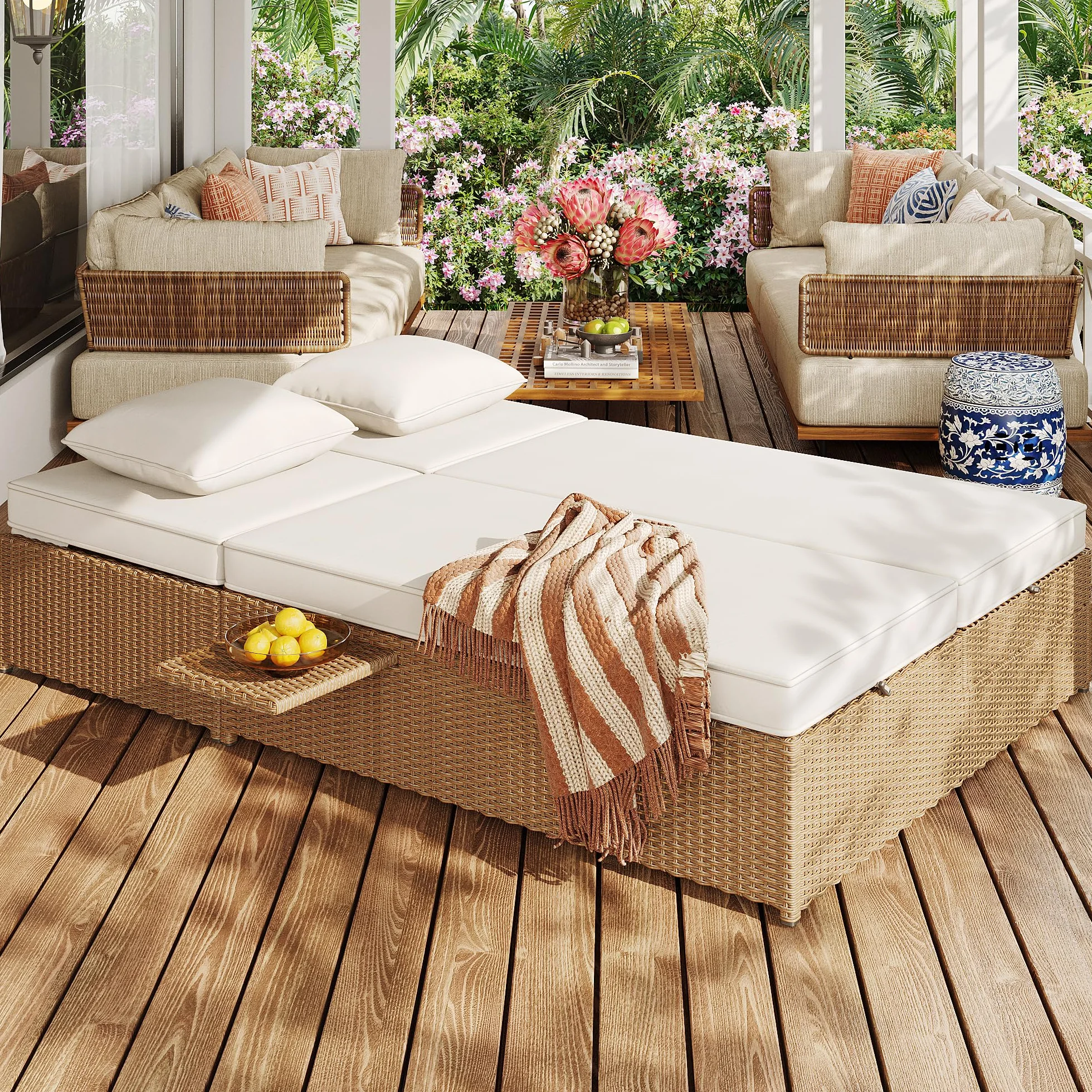 Sdraio da giardino per esterni, letto matrimoniale, in rattan, che può essere utilizzato come mobili da giardino all'aperto, adatto per lounge, balconi e giardini, resistente alle intemperie