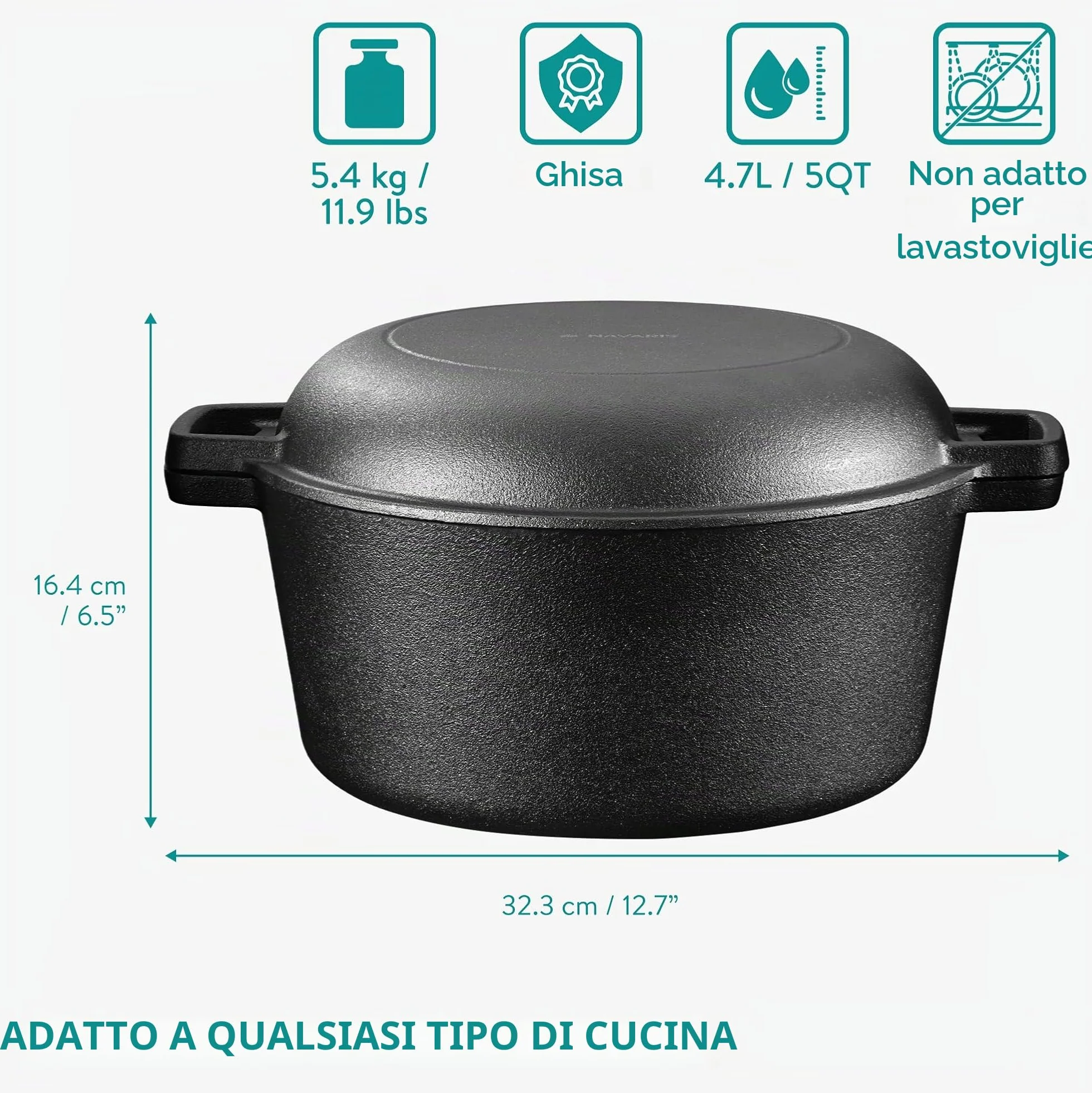 Navaris Pentola in Ghisa da Forno con Coperchio - Pentole e Padelle per Cuocere il Pane - Forno Olandese 4,7 l Ø 26 cm - Casseruola 2 Manici 2-in-1 - per Ogni Piano Cottura - Nero