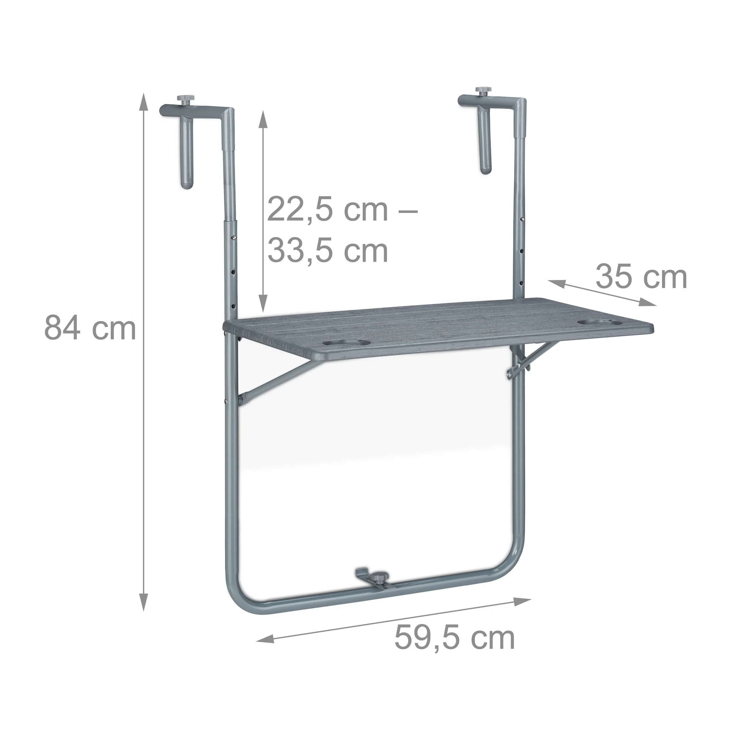 Relaxdays Tavolino da Balcone Pieghevole, 59,5 x 60 cm, Mini Tavolo Appeso, Regolabile in Altezza, Salvaspazio, Grigio