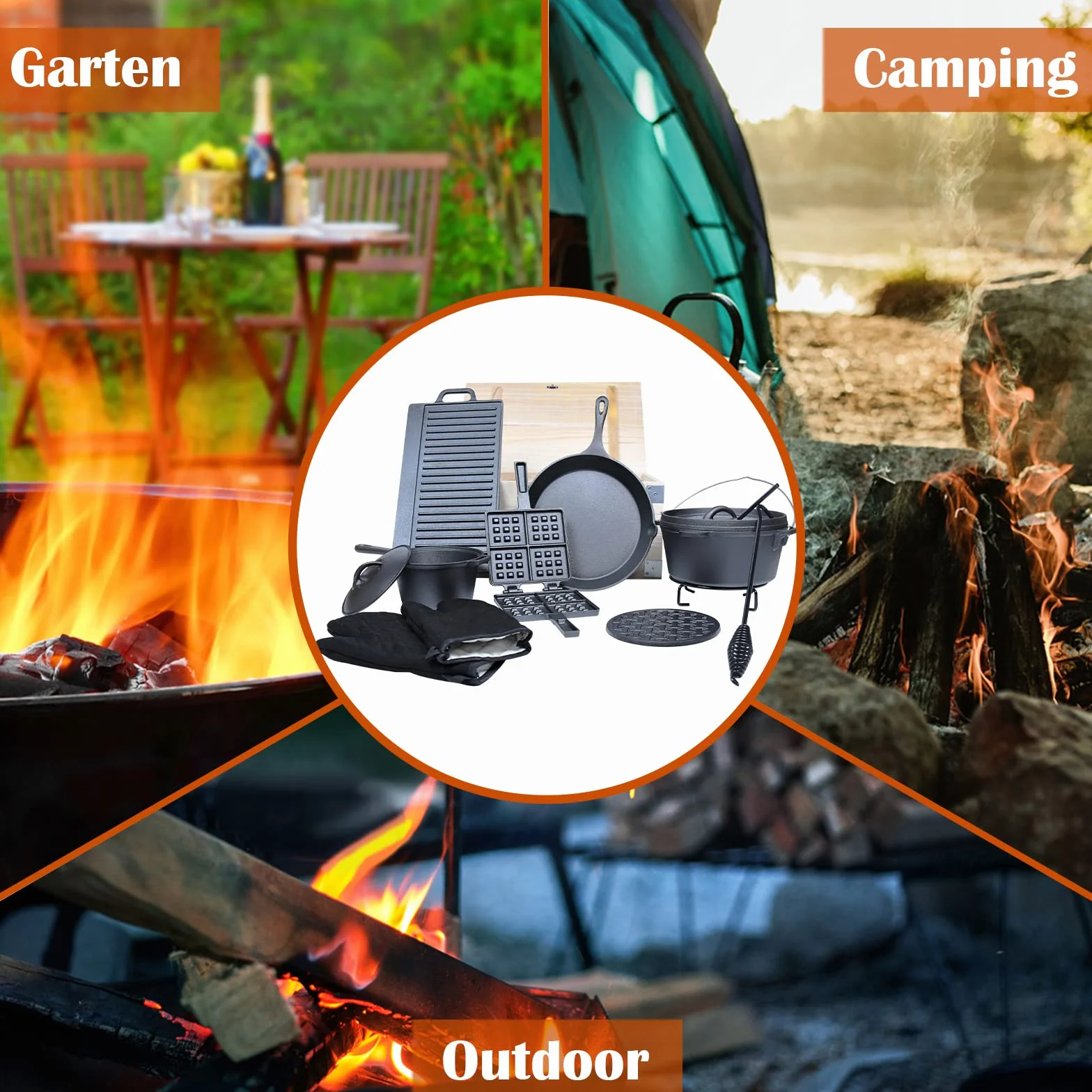 UISEBRT Dutch Oven Set in scatola di legno - Set Forno Olandese con forno olandese, molti accessori in Ghisa, già cotto, con Dutch Oven, padella e coperchio