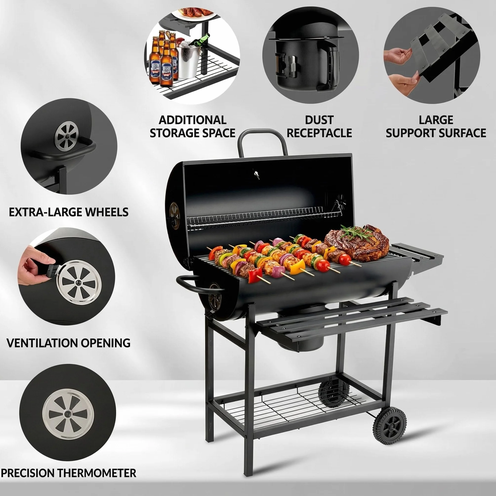 DEWINNER Barbecue a Carbonella con Griglia,girarrosto per pollo rimovibile,guanti antiscottatura e pinza in omaggio,ideale per giardino/terrazza/campeggio (Modello base)