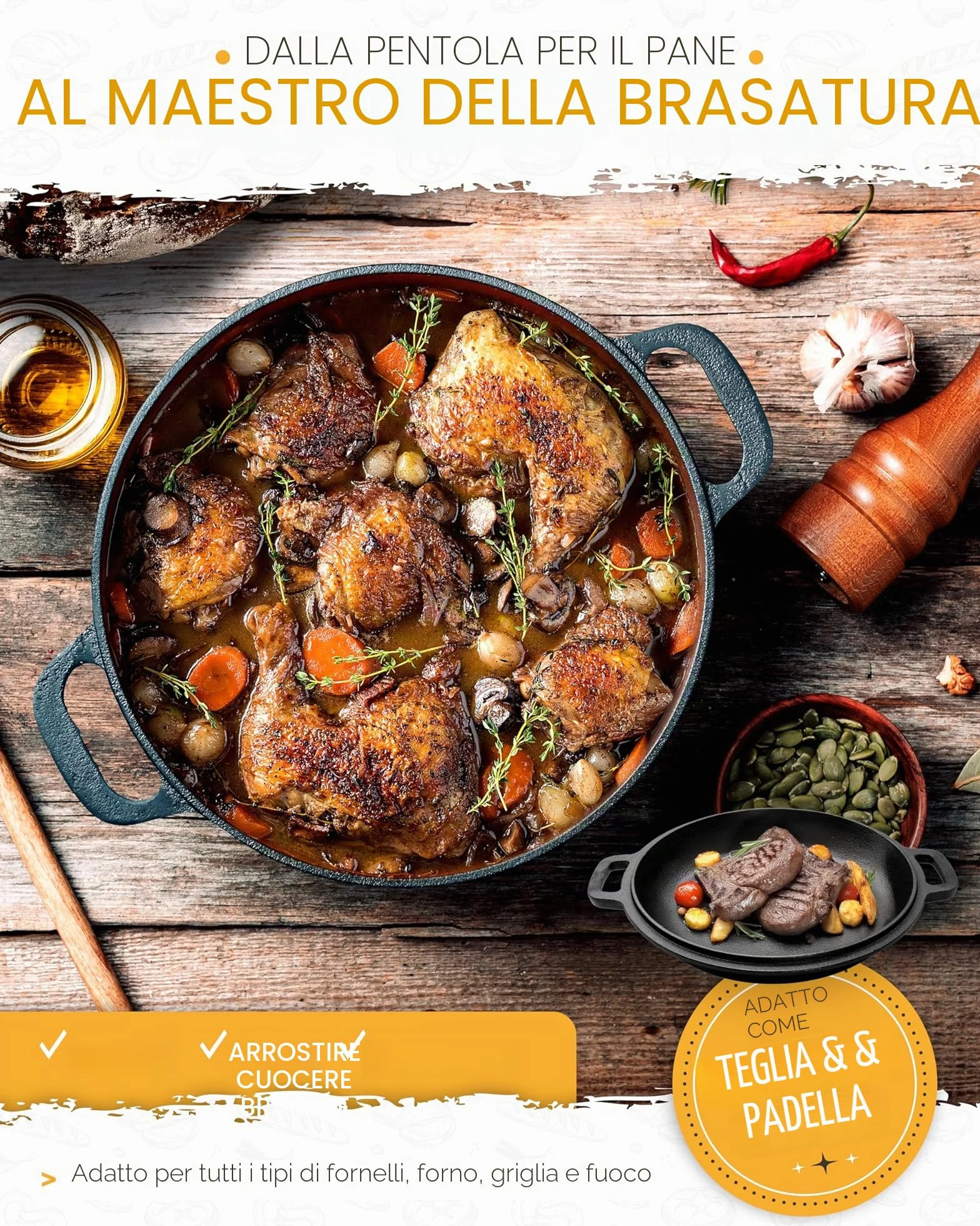 KRUSTENZAUBER Pentola in ghisa con coperchio – 26 cm Dutch Oven come teglia in ghisa o pentola per pane – Cast Iron Pot come pentola di alta qualità con ricette