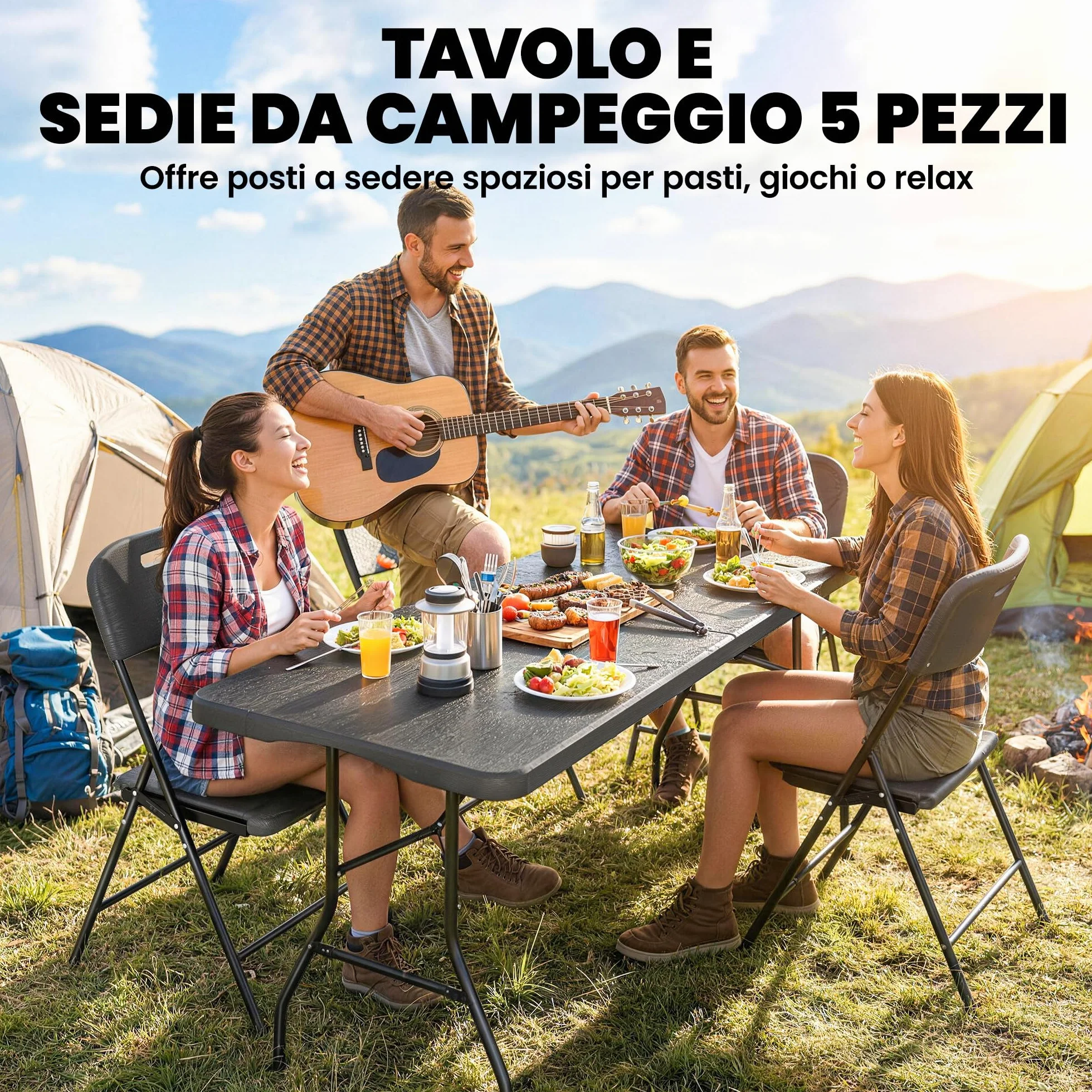 Outsunny Set Tavolo da Campeggio Pieghevole con 4 Sedie, HDPE Metall, Portatile per Picnic Esterno Giardino Nero